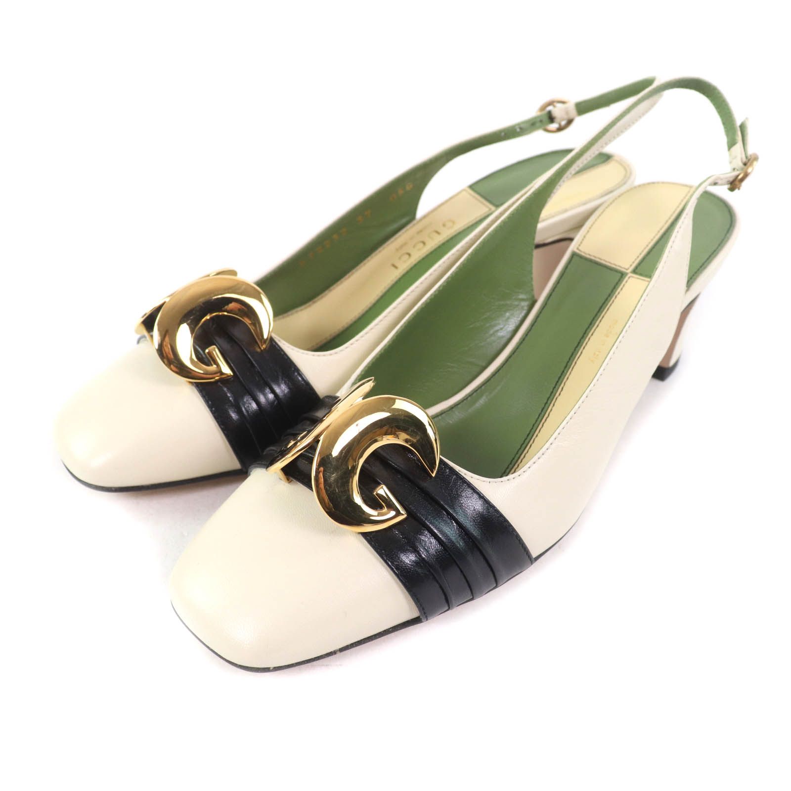 GUCCI グッチ 572232 ハーフムーンGG バックストラップ スクエアトゥ レザー パンプス アイボリー 37 保存袋付き イタリア製 レディース