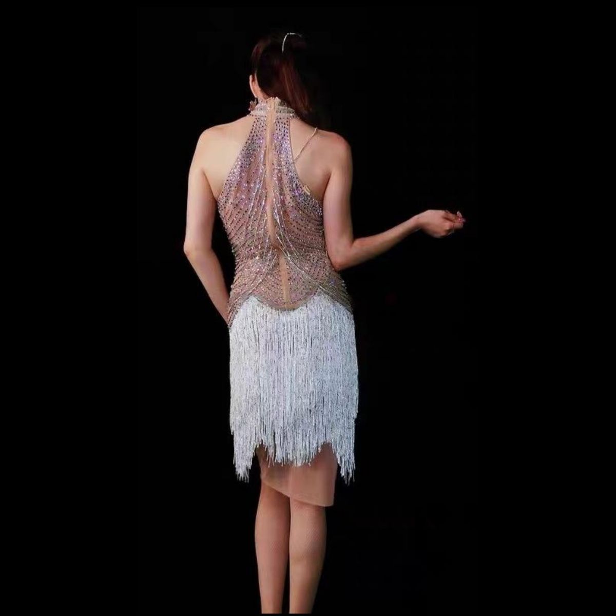 ♥ フリンジ&チェーン ボディスーツ 歌手 ステージ衣装 パフォーマンスウェア シャンパンカラー