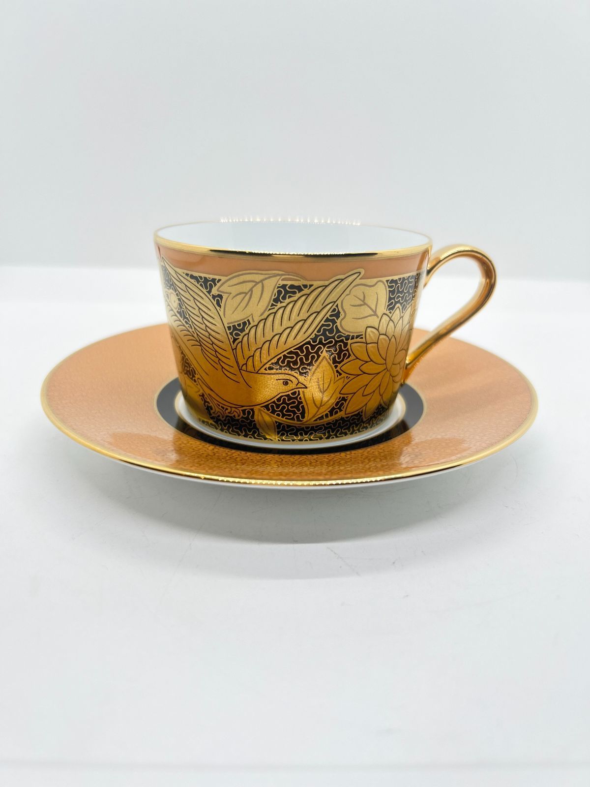 ノリタケ オマージュコレクション カプチーノカップ＆ソーサー 橙絵花鳥文 カフェオレ カプチーノ 紅茶 コーヒー カップ コーヒーカップ 碗皿 金 黒 かっこいい