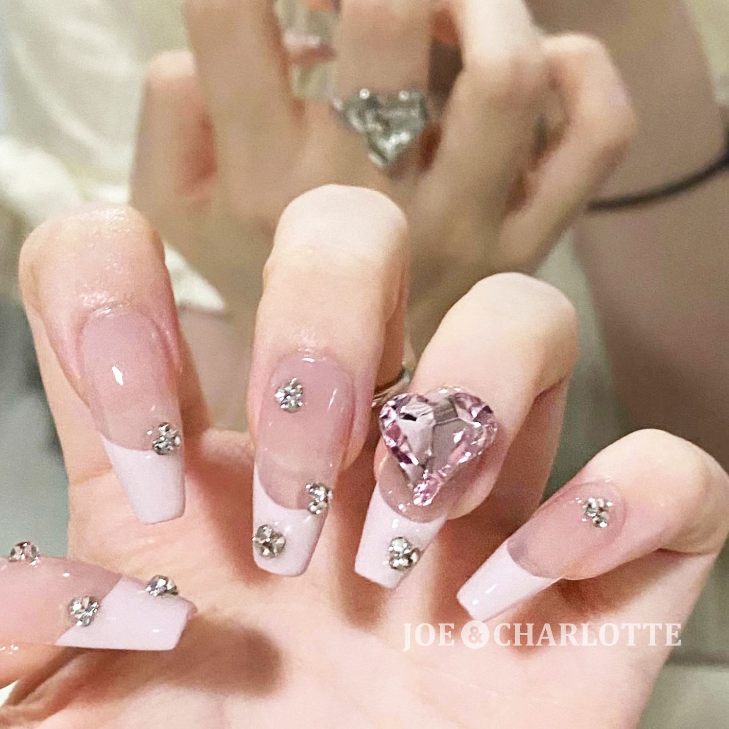 No.98 ジェルネイルチップ クリスタルハート ピンク ラメフレンチ