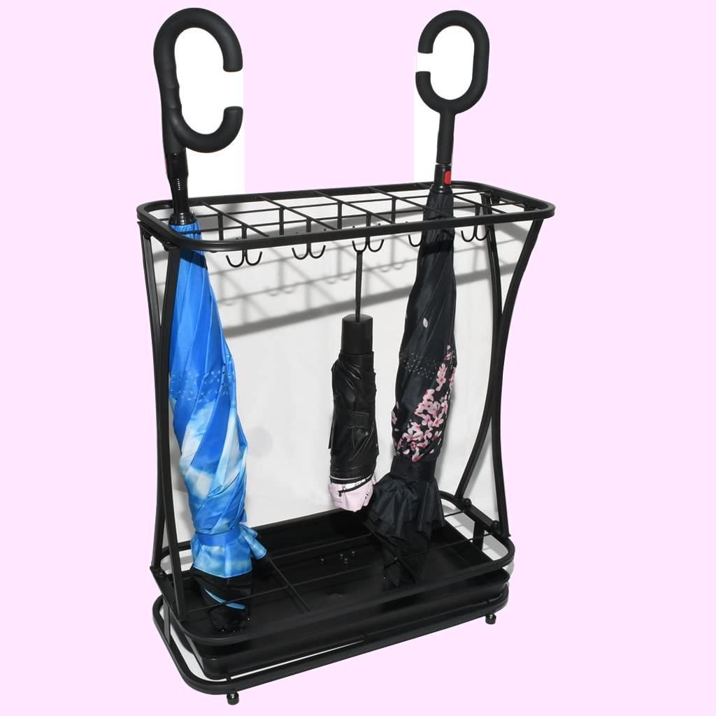 スリム傘立て - 安定性 着脱式水受け皿、折り畳み傘用フック スリム傘