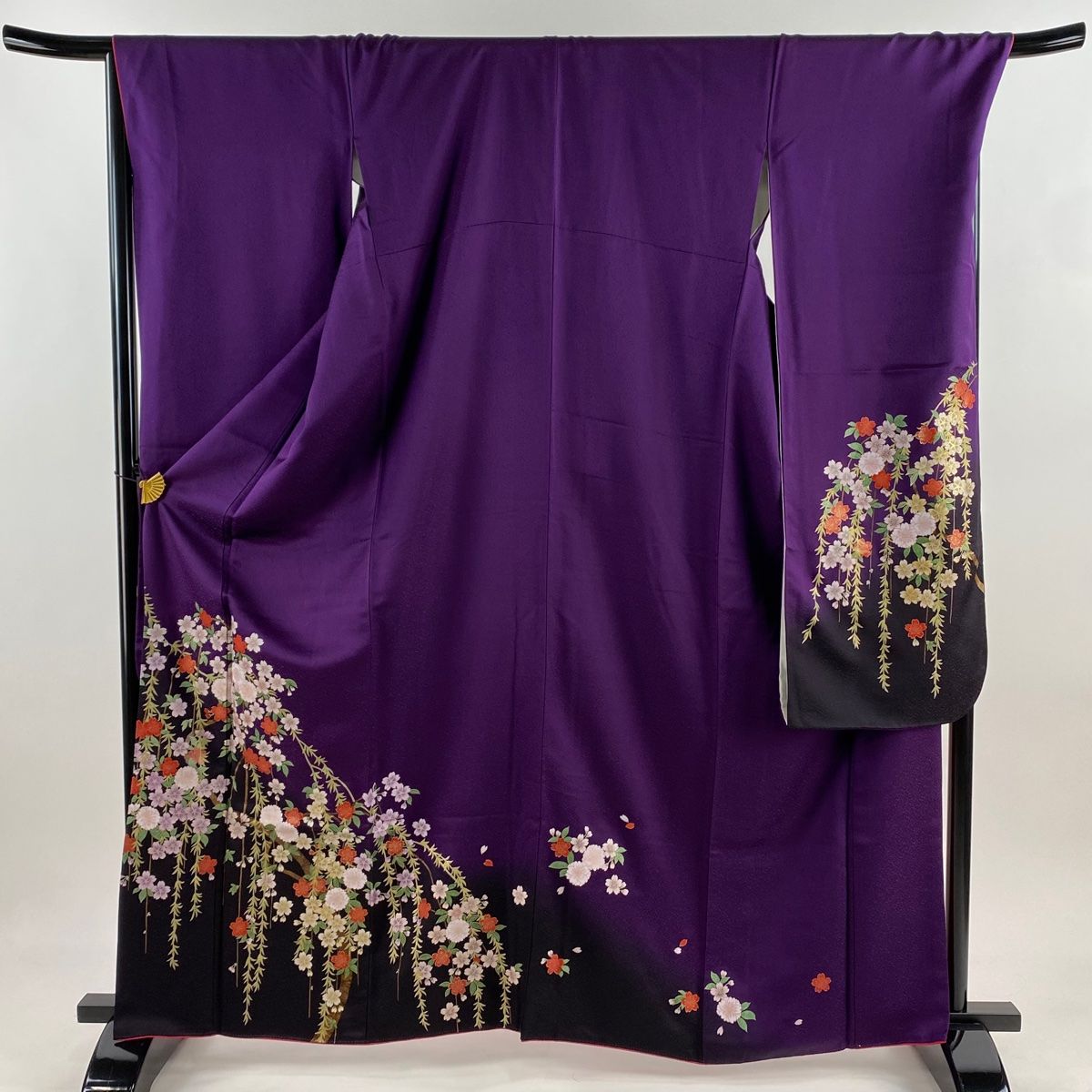 振袖 身丈162.5cm 裄丈69.5cm L 袷 枝垂れ桜 金彩 濃紫 正絹 秀品