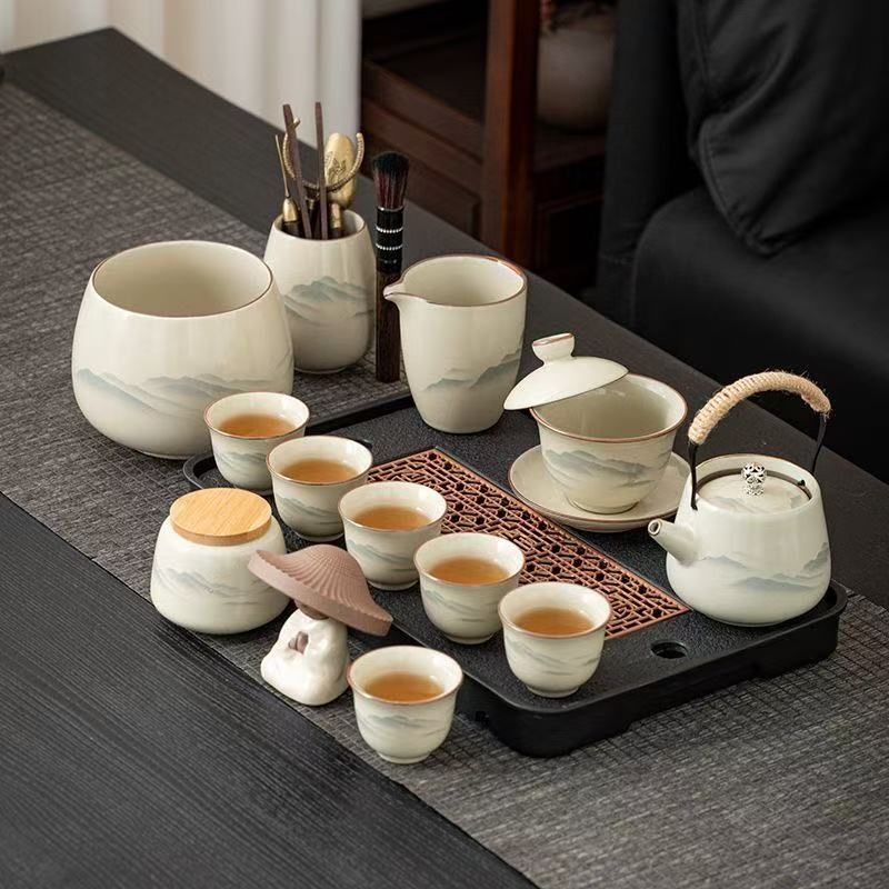 本格的な汝窯 じょよう 急須セット - 陶磁器ティーセット 蓋碗 湯呑み茶碗 オフィス リビングルーム用 中国茶道具 職人技 ギフト対応