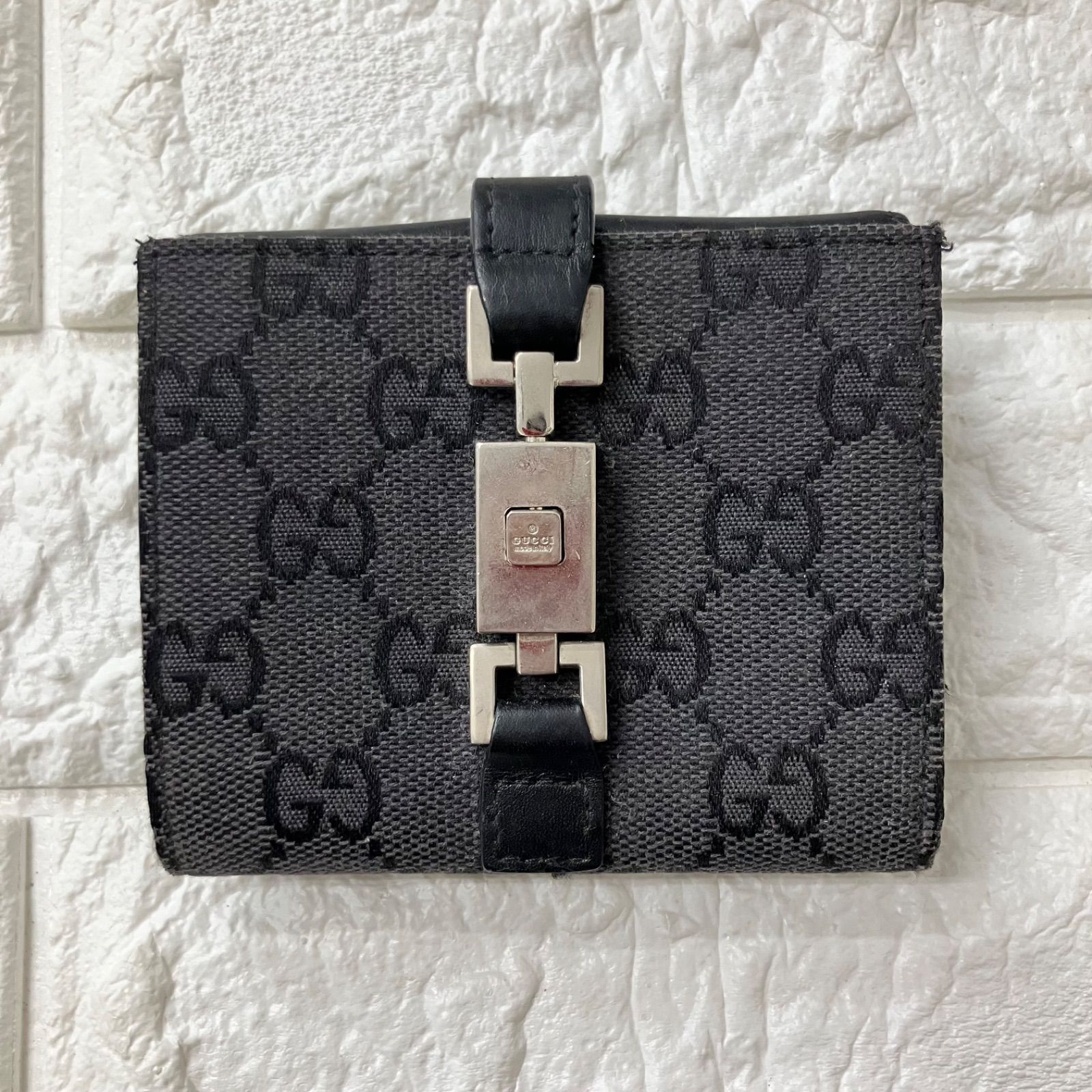 ◼︎ GUCCI グッチ 二つ折り財布 コンパクトウォレット キャンバス 黒 ブラック グレー シルバー