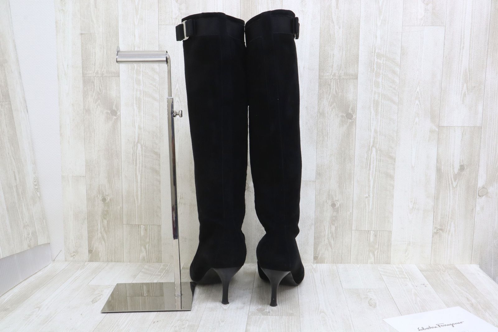 Salvatore Ferragamo サルバトーレフェラガモ ヴィラリボン スウェードレザー ロングヒールブーツ 7D ブラック 使用感あり