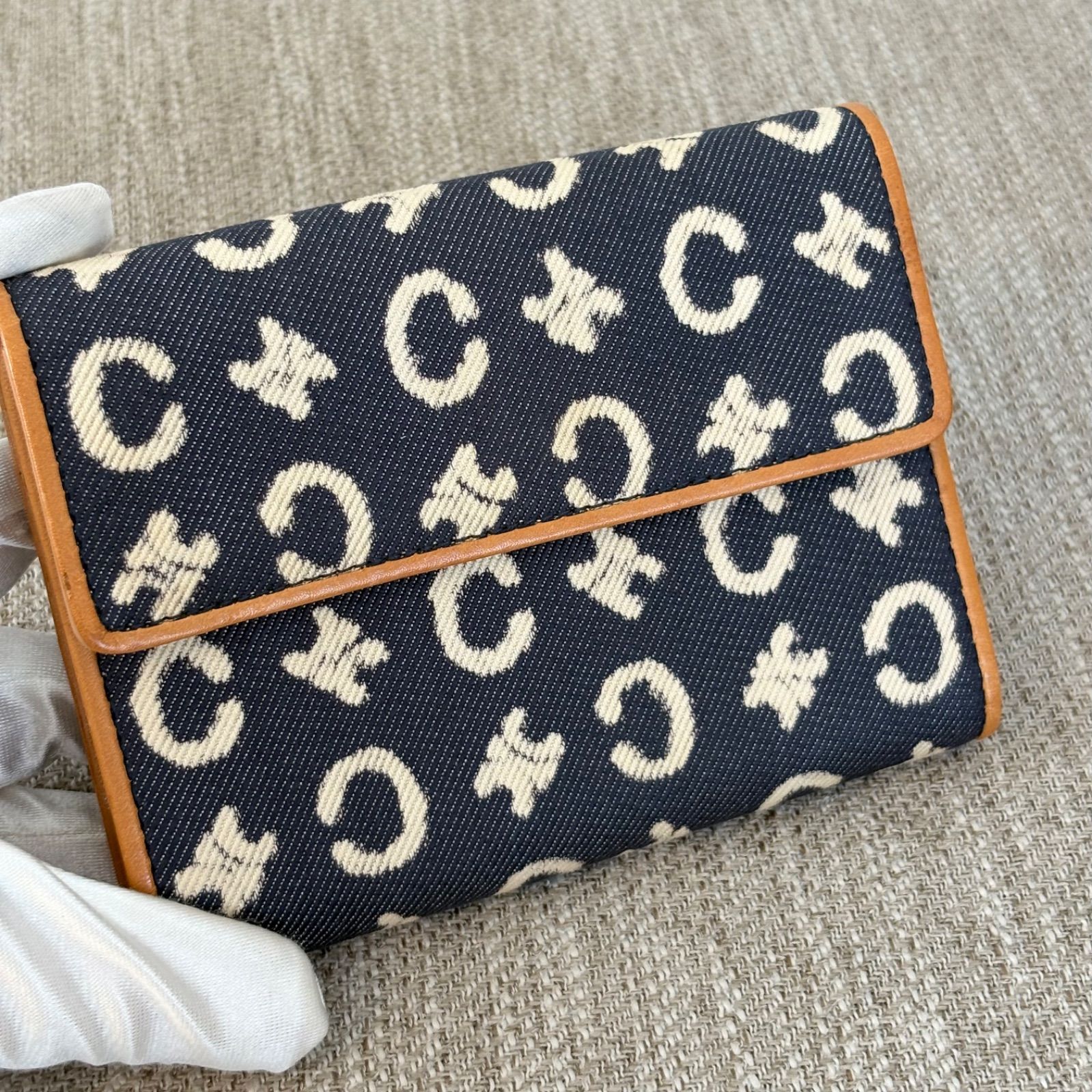 CELINE マカダム レザー 二つ折り財布 ネイビー CELINE レザー キャンバス 2つ折り財布 マカダム柄 ネイビー ロゴ