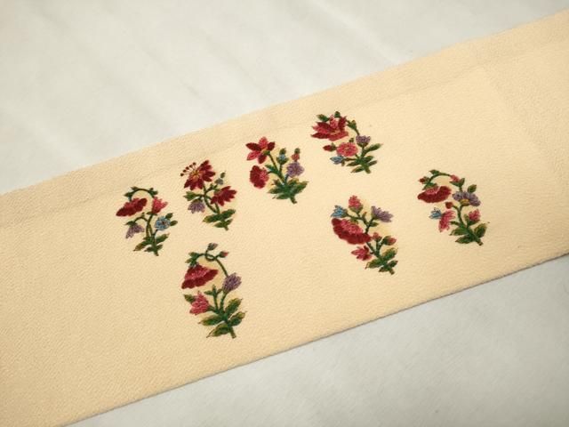 平和屋着物●九寸名古屋帯　草花文　鬼しぼ縮緬　正絹　逸品　CAAX7233hy 平和屋着物○九寸名古屋帯 草花文 鬼しぼ縮緬 正絹 逸品 CAAX7233hy