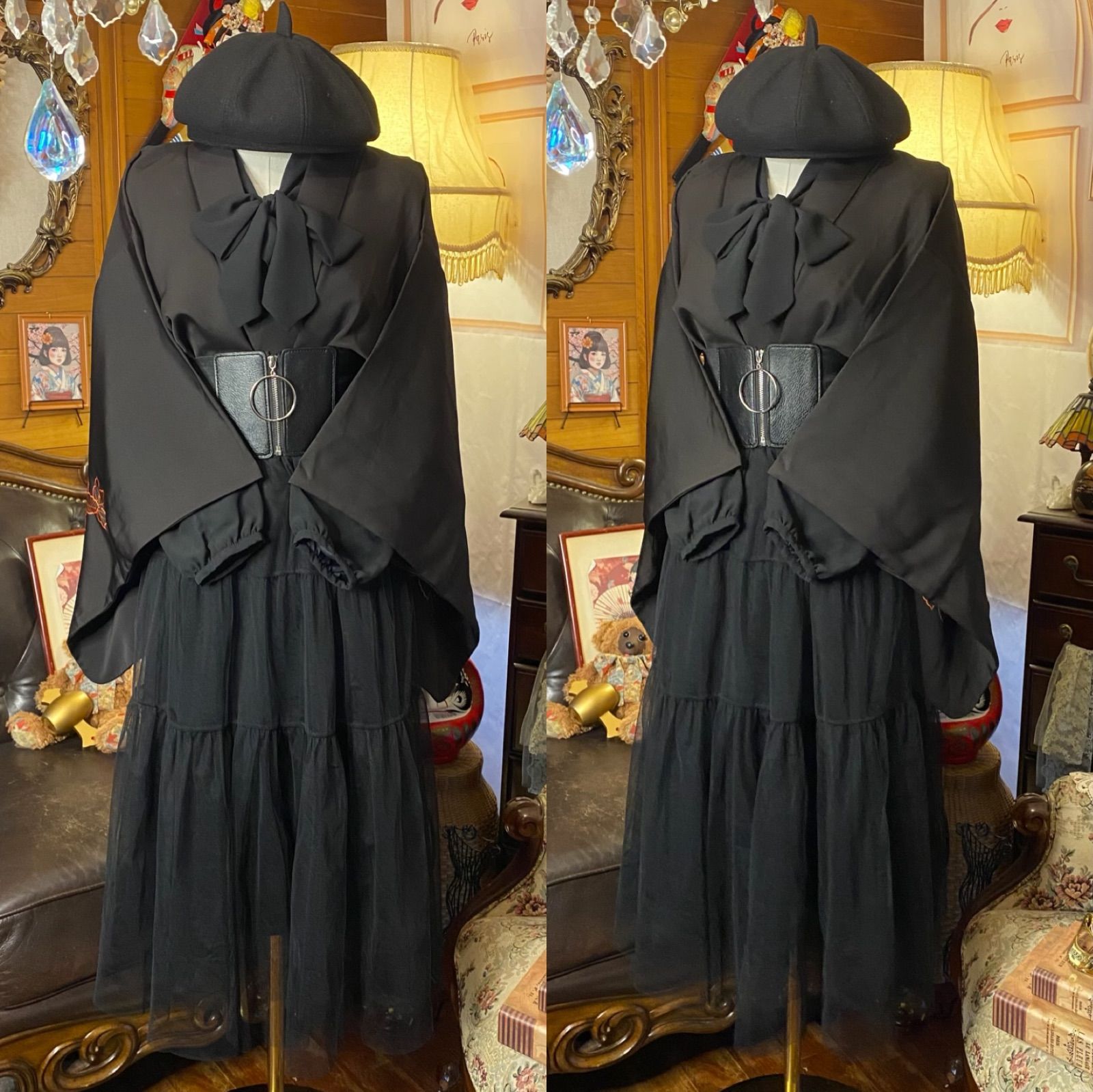 和洋折衷コーデ 黒絵羽織 セレクト4点セット 黒見え焦げ茶×橙花 C-667