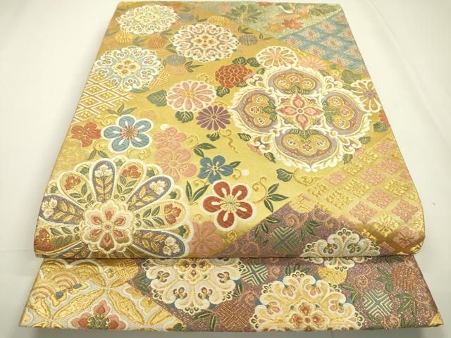 平和屋本店□極上 明綴れ 全通柄袋帯 扇面飛鶴花文 金糸 逸品 DZAA7038kh5