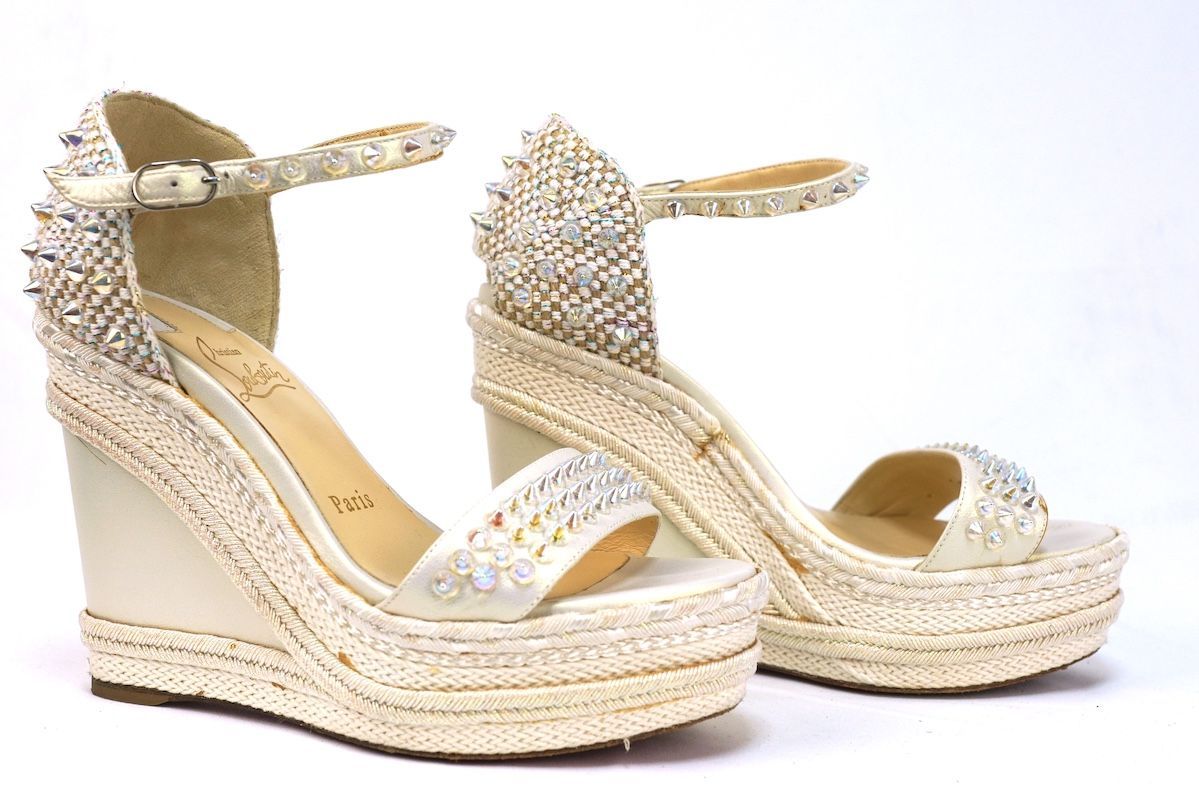 Christian Louboutin クリスチャンルブタン ヒールサンダル マドモニカ ウェッジソール クリスタル スタッズ オーロラ 36サイズ 約23cm