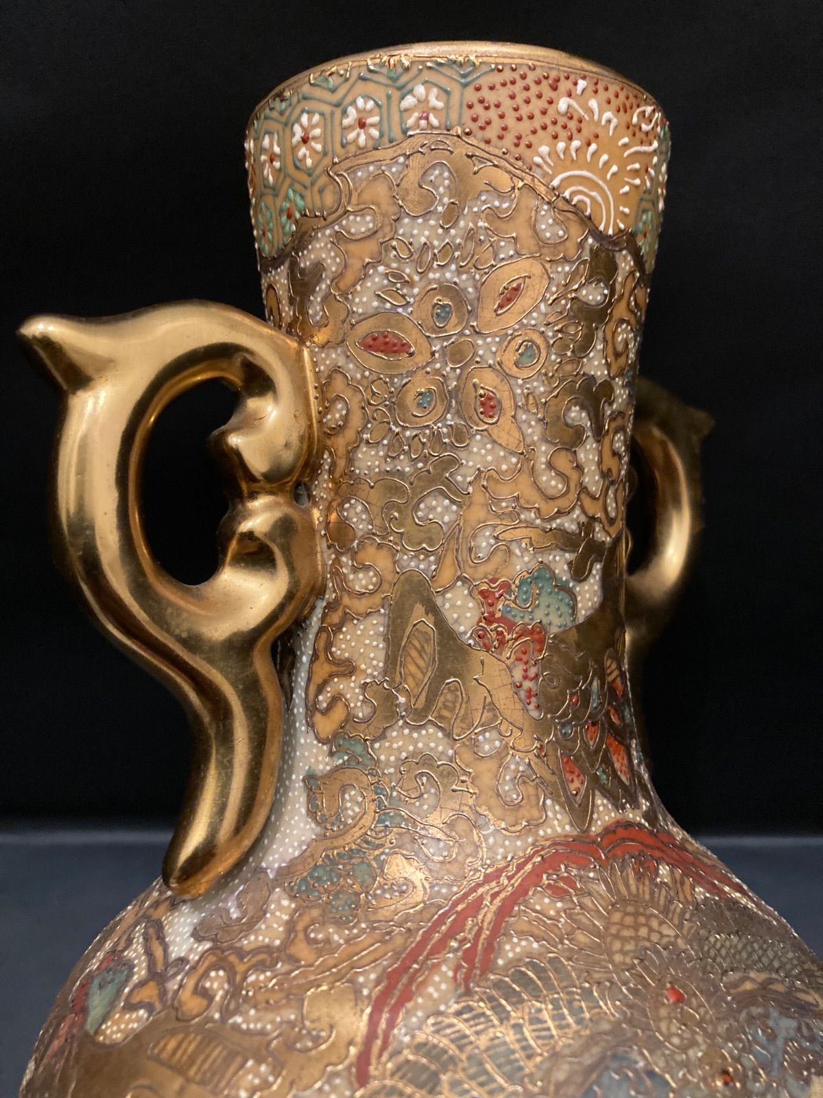 薩摩焼 武将図 花瓶 金彩 色絵 青粒 錦襴手 古美術 骨董 工芸 レア商品