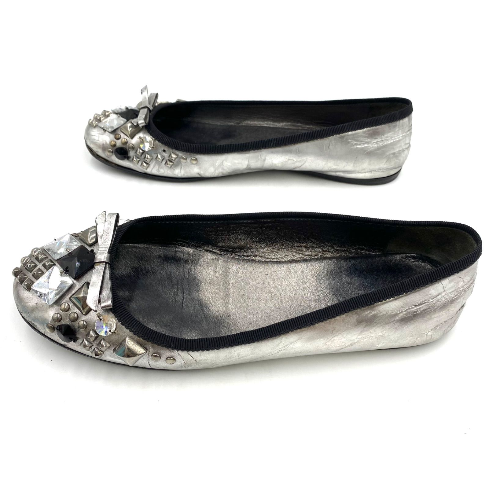 PRADA プラダ ローファー パンプス ビジュー シルバー ピンク 36 23.0 