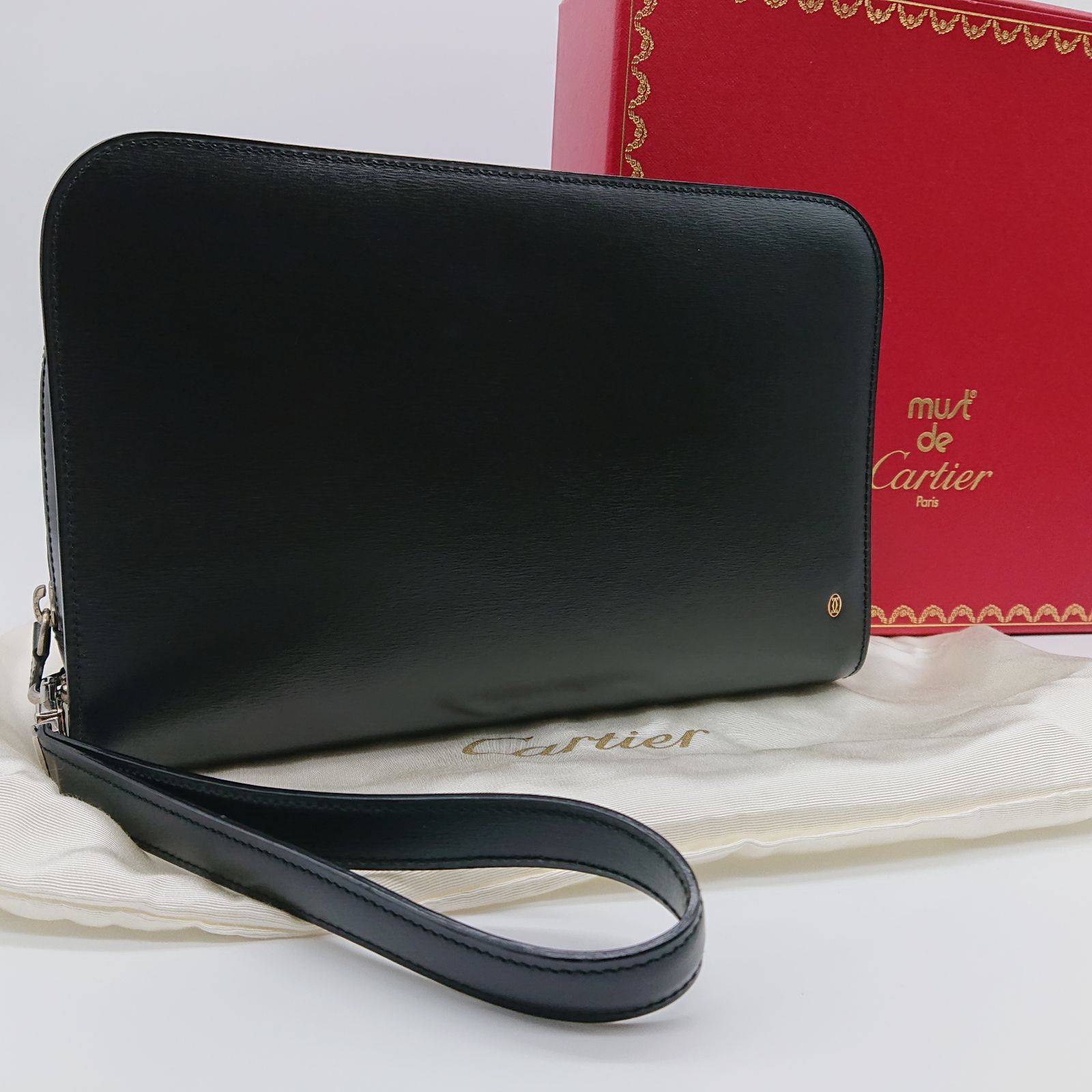 【未使用】 Cartier カルティエ パシャライン　クラッチバッグ ストラップ　箱　保存袋　ギャランティーカード ブラック 黒 カーフ レザー メンズ