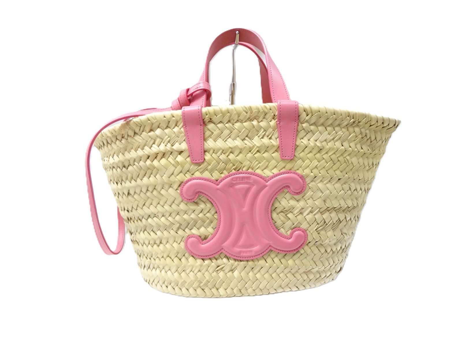 公式 CELINE セリーヌ トリオンフ かごバッグ ピンク レザー ストロー ロゴ クラシック ティーン 194002CGG.25FO パニエ ラフィア