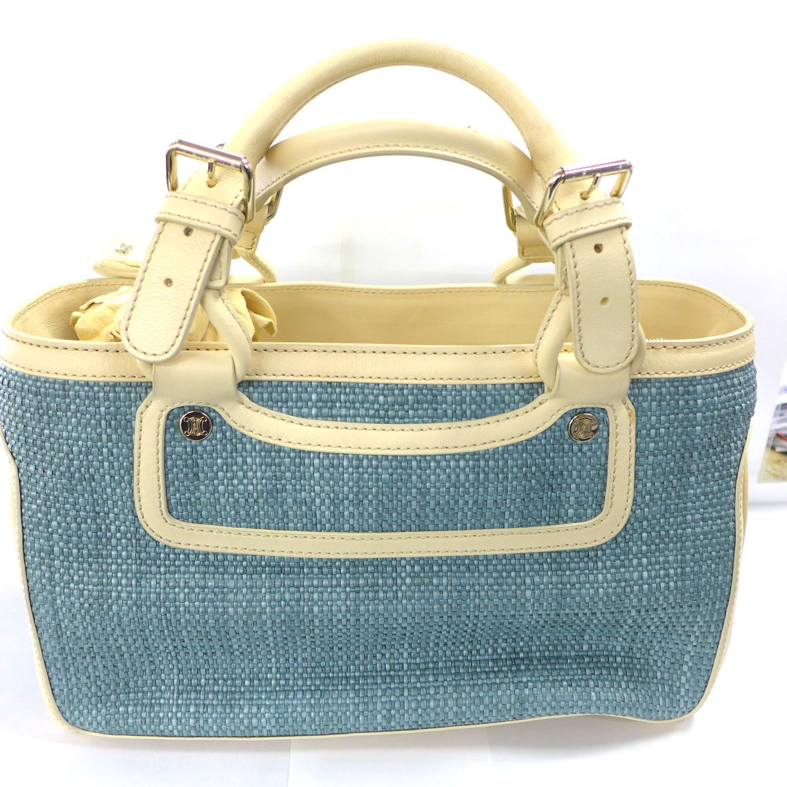 セリーヌ ストロー×レザー ブルー ハンドバッグ CELINE セリーヌ