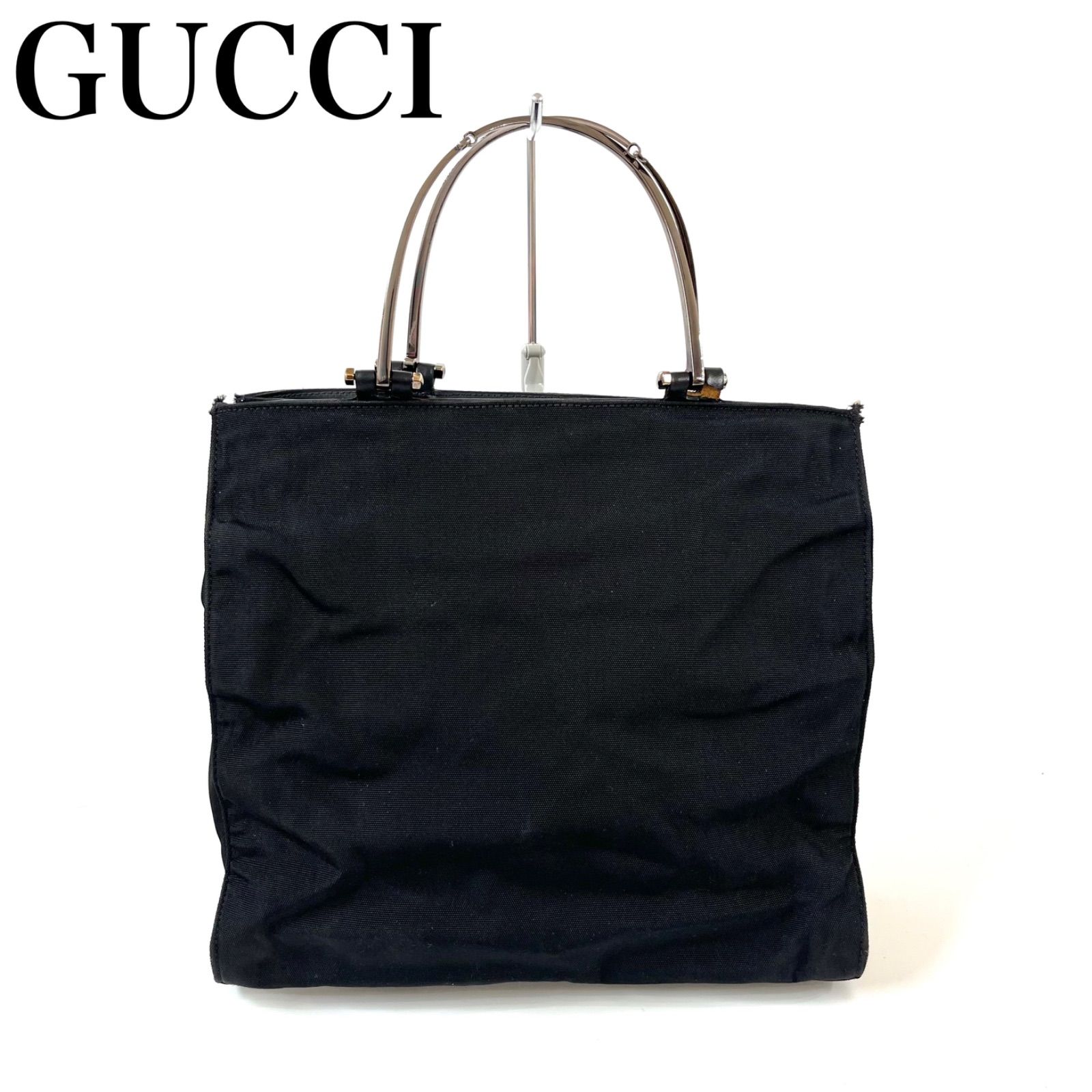 【美品】グッチ メタルハンドル ハンドバッグ ブラック レザー ◼️ GUCCI ◼️ ナイロン メタルハンドル ブラック ハンドバッグ