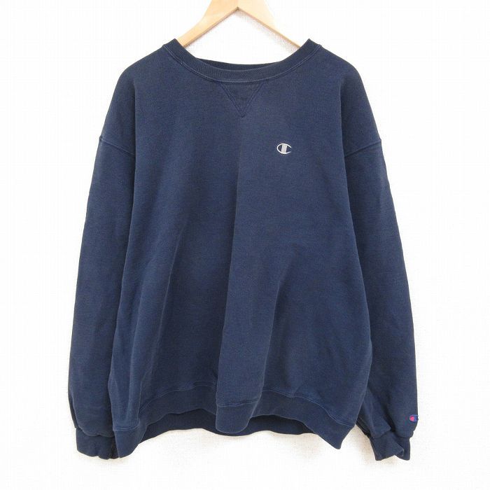 XL/古着 チャンピオン Champion 長袖 スウェット メンズ ワンポイントロゴ 大きいサイズ クルーネック 紺 ネイビー 25jan11 中古 スエット 