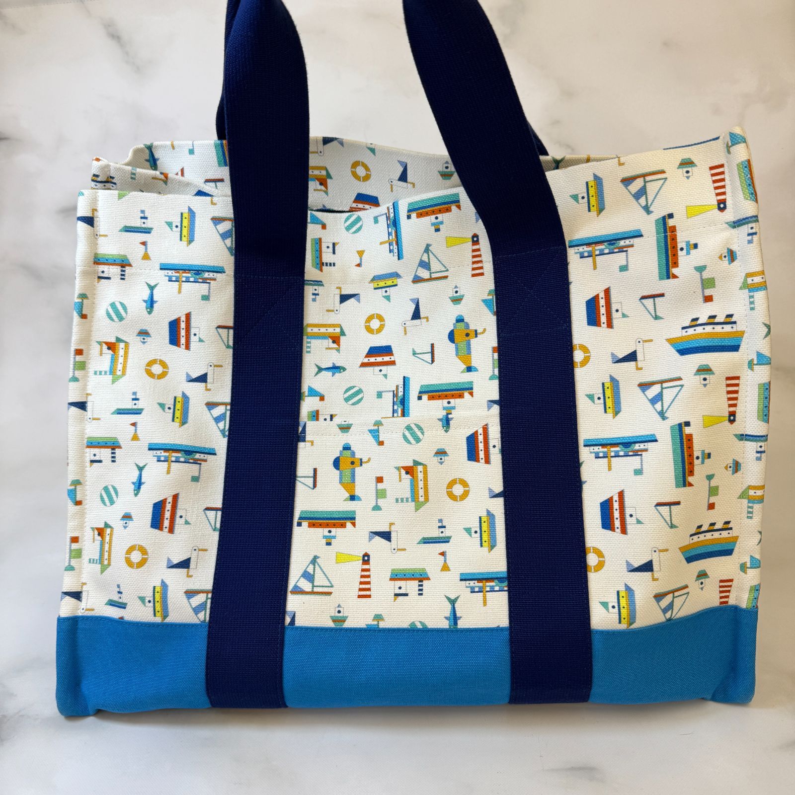 鑑定済み エルメス プティ シャルティエ ブルー ホワイト オレンジ マザーズバック ヨット柄 トートバッグ