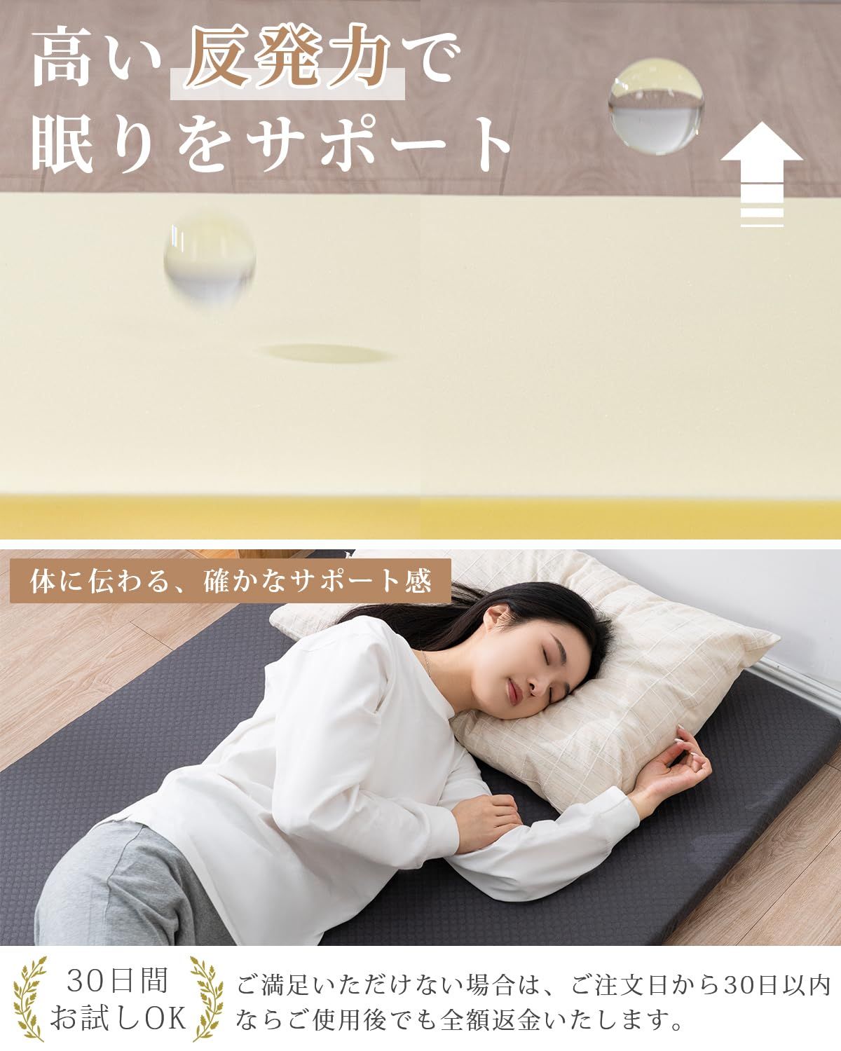 Houetu マットレス シングル 高反発 180N 硬め 敷布団 腰まわりを支える 寝返りしやすい ベッドマット 厚さ5cm 洗えるカバー 収納袋付き グレー