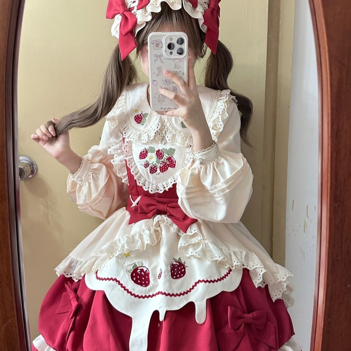 全 苺柄 ロリータワンピース JSK 甘ロリデザイン リボン付き フリル装飾 ピンクドレス 撮影 イベント用 S～XLサイズ llt48