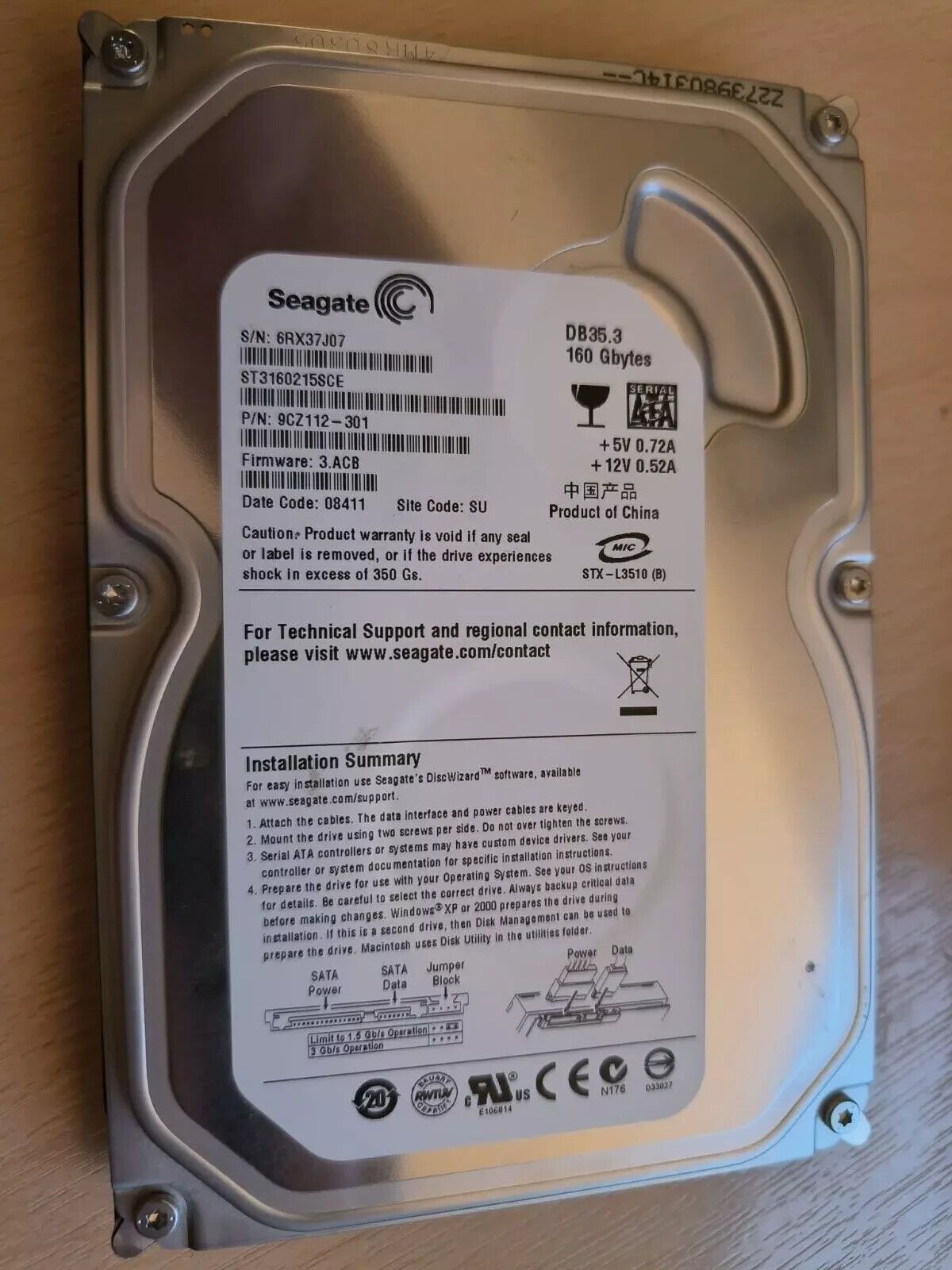 ST3160215SCE Seagate DB35.3 160GB ハードドライブ 2MB SATA II