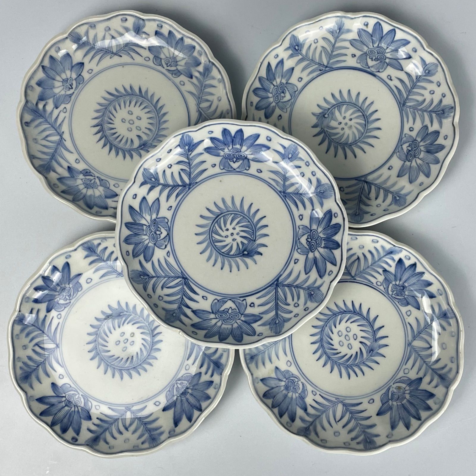 252 染付 線描 古伊万里 伊万里焼 骨董 アンティーク 中皿 5枚セット ※