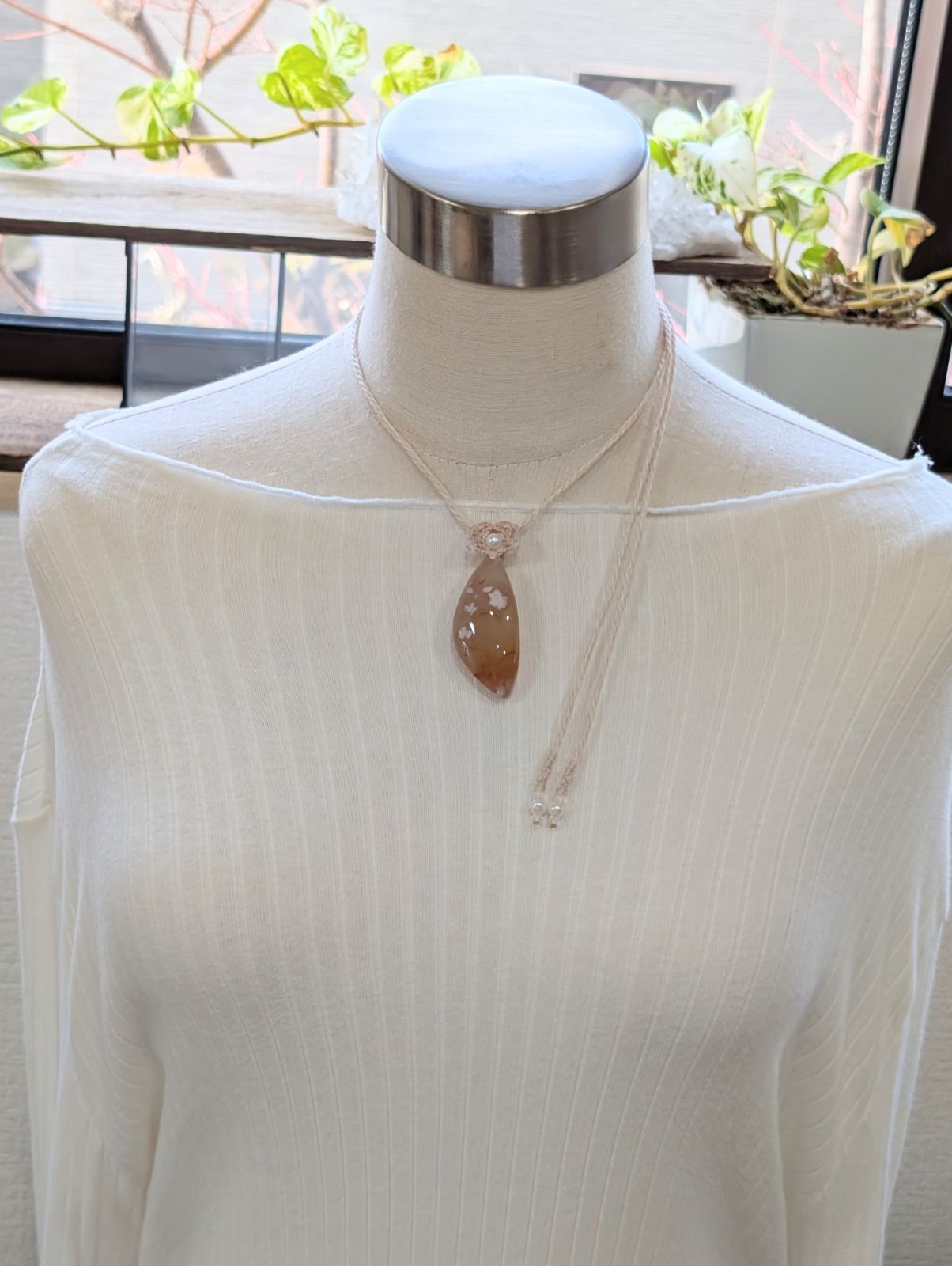 ☆チェリーブロッサムアゲート・桜瑪瑙☆マクラメ編みネックレス C 306