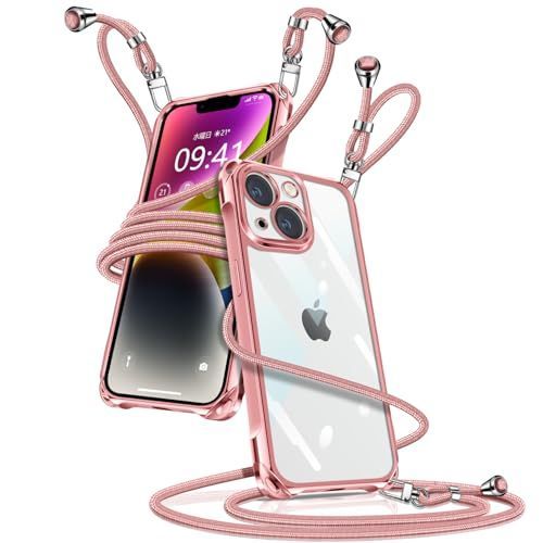 iPhone14 Plus_ローズゴールド iPhone 14 Plus ケース クリア ショルダー iPhone14plus スマホケース アイフォン14plus カバー 肩掛け 斜めかけ 縄掛けケース 透明 薄型 軽量 TPU 携帯ケース 紐付き 斜めがけ