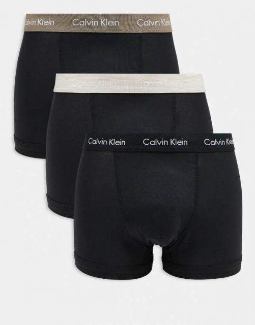送料無料 カルバンクライン メンズ トランクス アンダーウェア Calvin Klein 3-pack with beige waistbands in black - Exclusive to ASOS Black