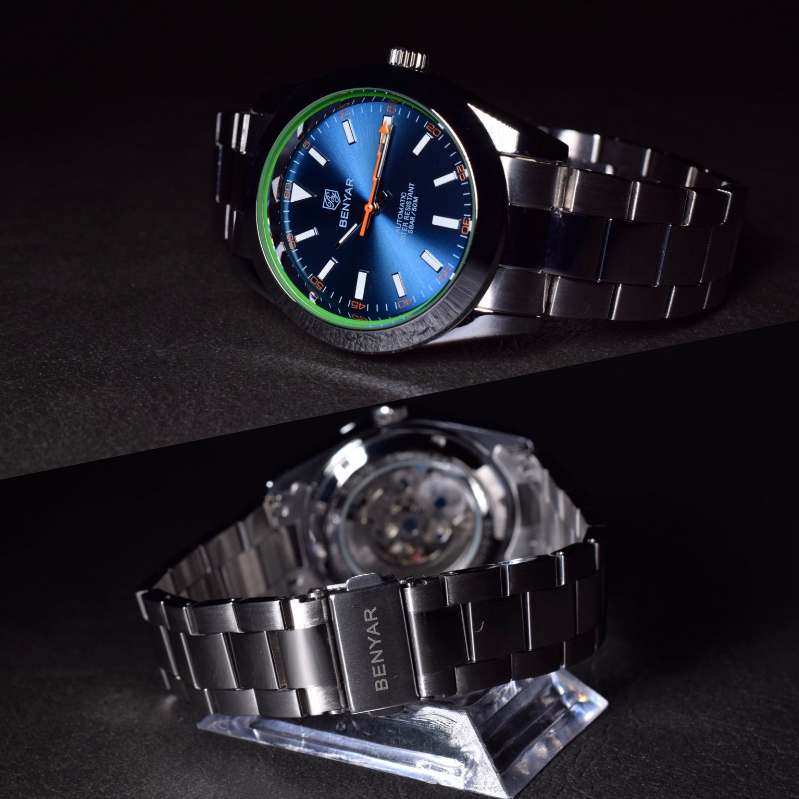腕時計 グリーンガラス シースルーバック メンズ腕時計 時計 イナズマ針 ガウス