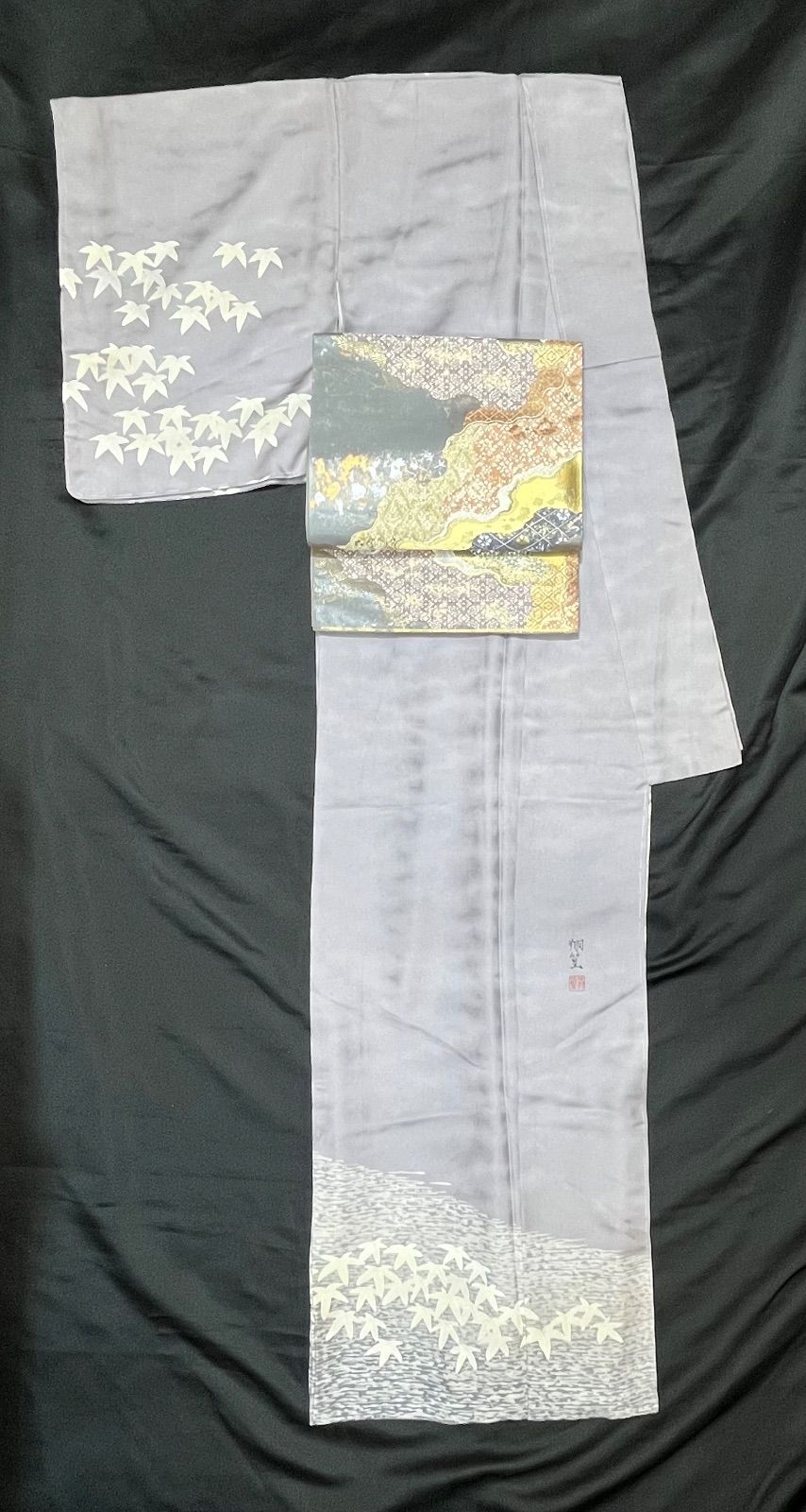 豪華絢爛綺麗美品身丈157cm裄丈66cm薄紫モミジ柄訪問着正絹袷広襟(未  