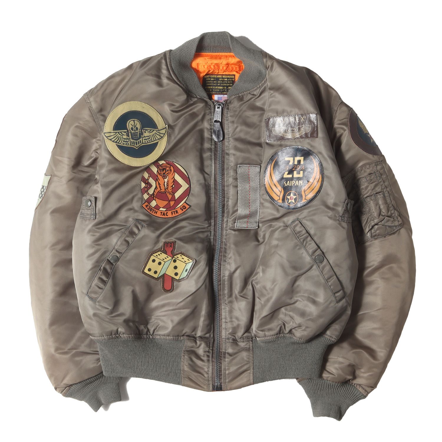 AVIREX アヴィレックス ジャケット カーキ サイズ L | レザー ワッペン ミリタリー ボンバージャケット 8415-273-3571 | MADE IN USA | アウター ブルゾン ジャンパー 上着 メンズ