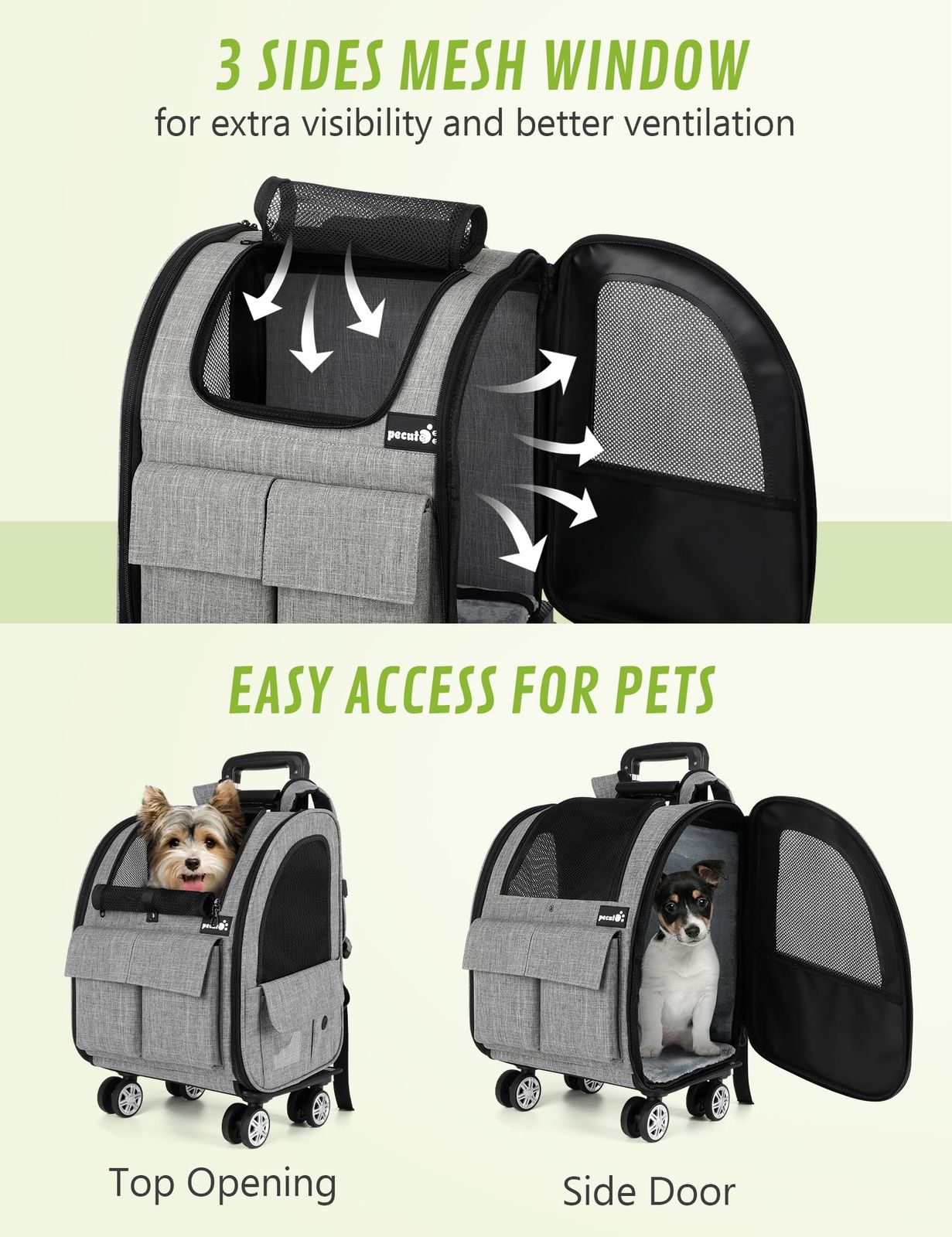  Pecute ペットキャリー リュック キャスター付き 猫 猫用 キャリー カート 3 WAY 犬 小型犬 ペットキャリーケース 折り畳み 取り外し な車輪 ドライブ 旅行 通院 防災 避難用 キャリーバッグ スリング 犬用品