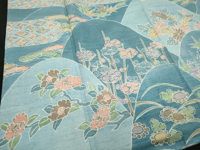 平和屋着物○訪問着 紬地 刺繍 霞吉祥枝花文 金彩 正絹