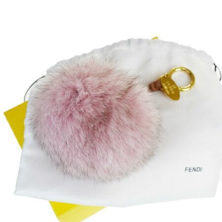 【中古】 訳あり 超美品 フェンディ FENDI ポンポン バッグチャーム キーホルダー ピンク ブラウン フォックスファー 保存箱付き 04MA918