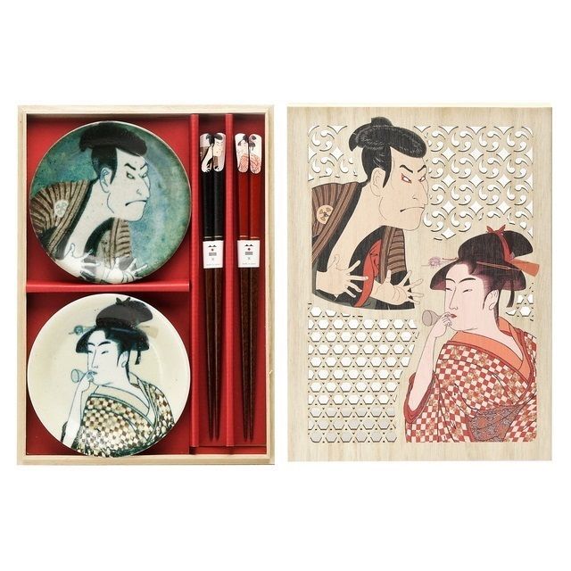 【アーティス】写楽・歌麿　小皿箸揃ペア木箱