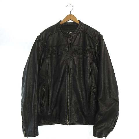 ハーレーダビッドソン HARLEY DAVIDSON シングル ライダースジャケット レザー ジップアップ 長袖 裏地メッシュ ロゴ XL 黒 ブラック GY01