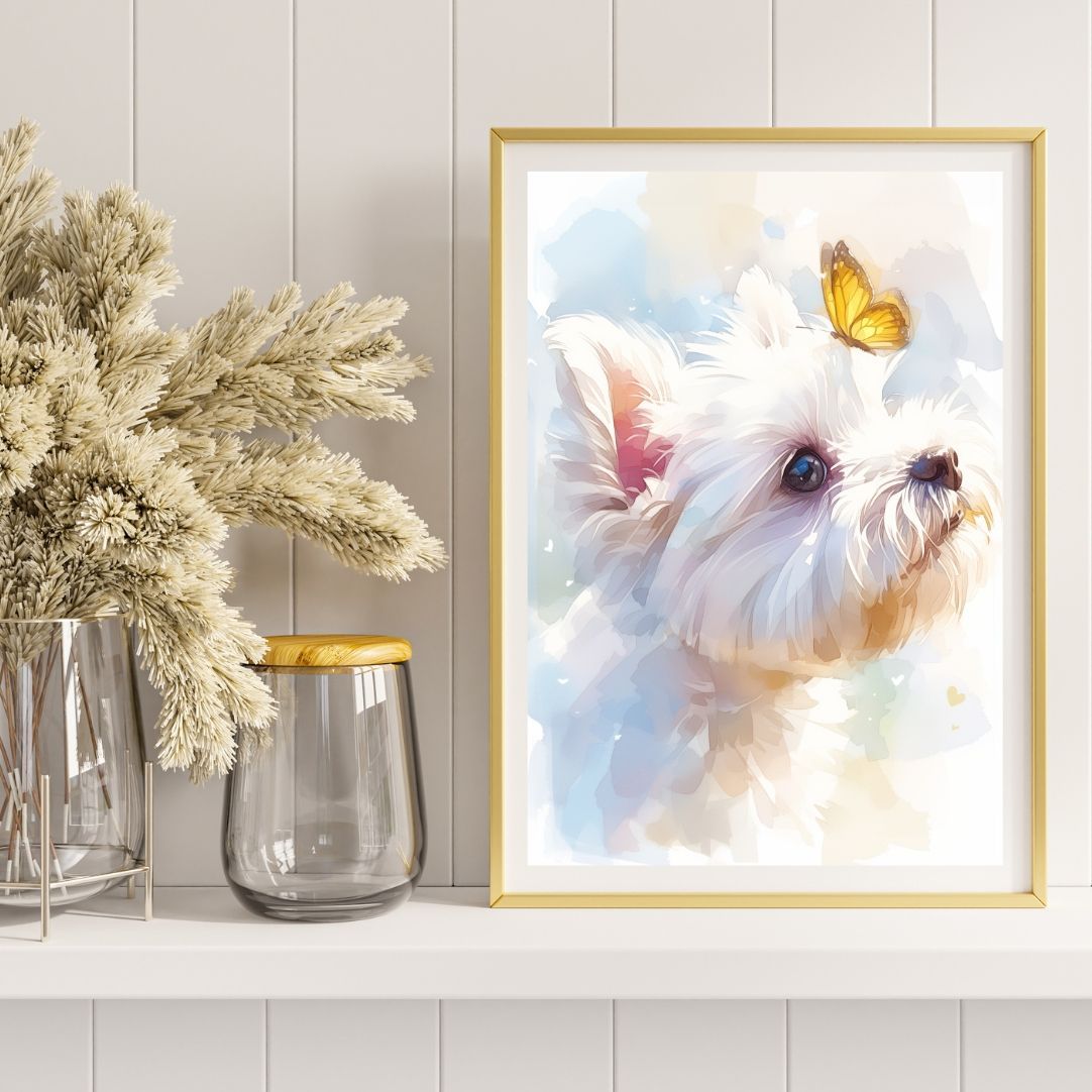 セール 【蝶犬戯舞 - マルチーズ犬の子犬 No.4】ジークレー版画＊名