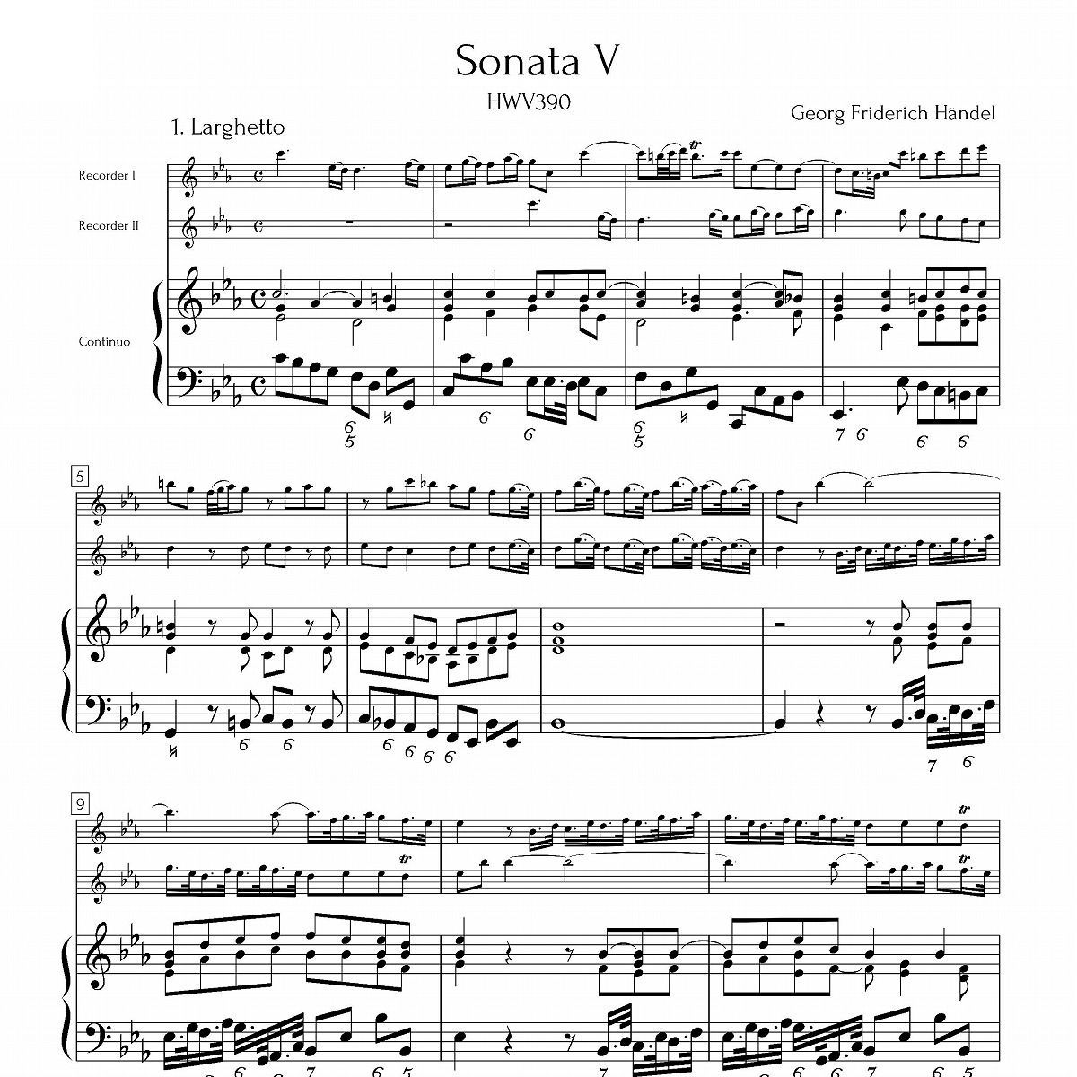 ヘンデル：２つのリコーダーと通奏低音のための トリオソナタ第５番ハ短調 HWV390 ／ HÄNDEL: Trio Sonata No.5 in C  minor HWV390 for two Recorders and Basso continuo