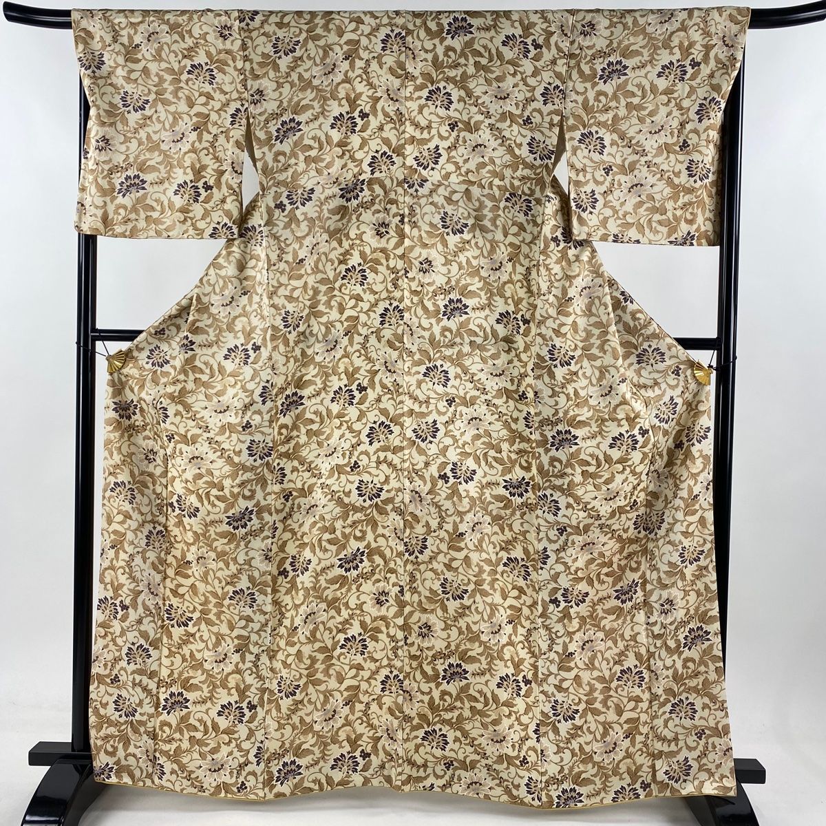 小紋 身丈164cm 裄丈66.5cm M 袷 花唐草 葉と実 薄茶色 正絹 名品