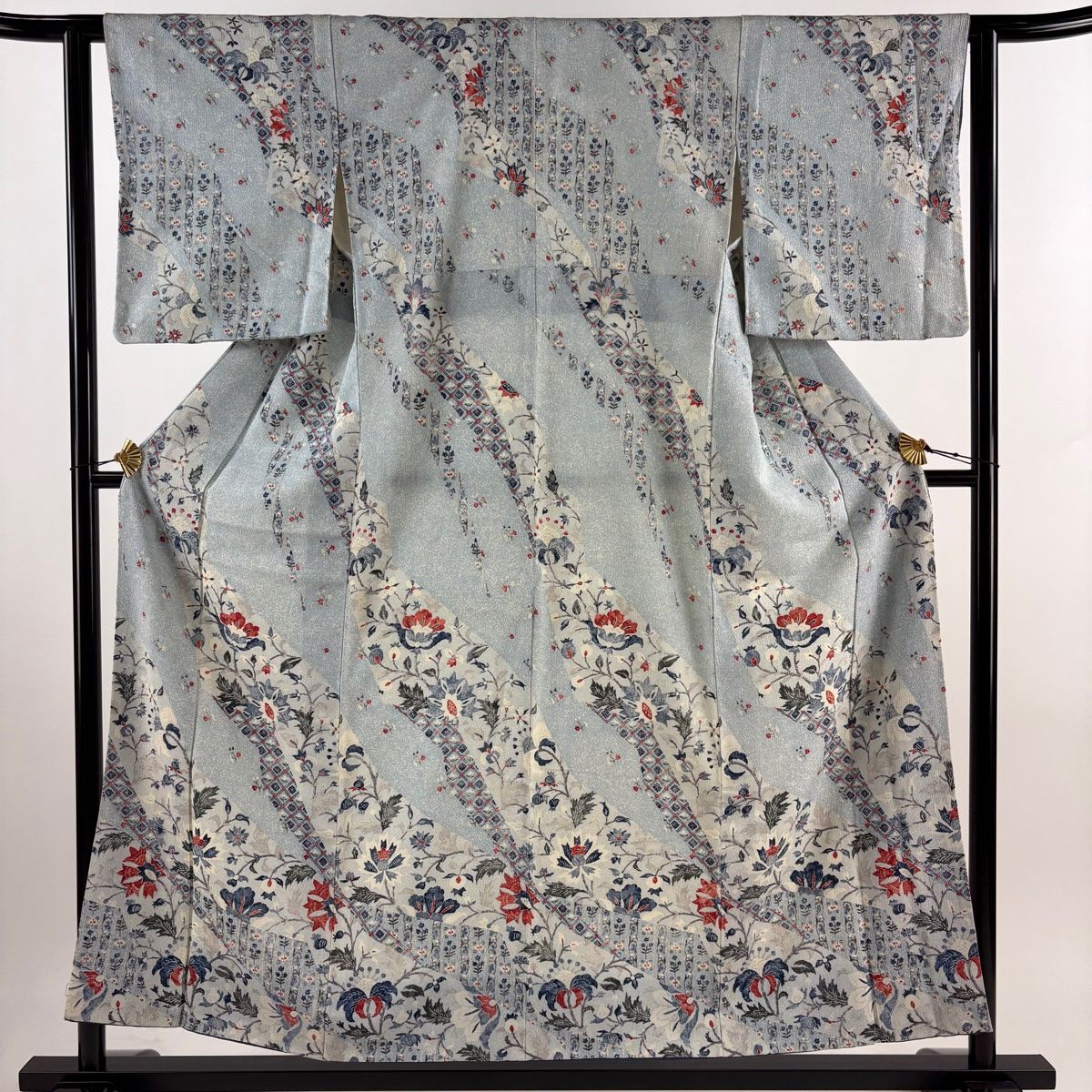 訪問着 身丈155cm 裄丈61cm S 袷 草花 幾何学 水色 正絹 優品 【中古】