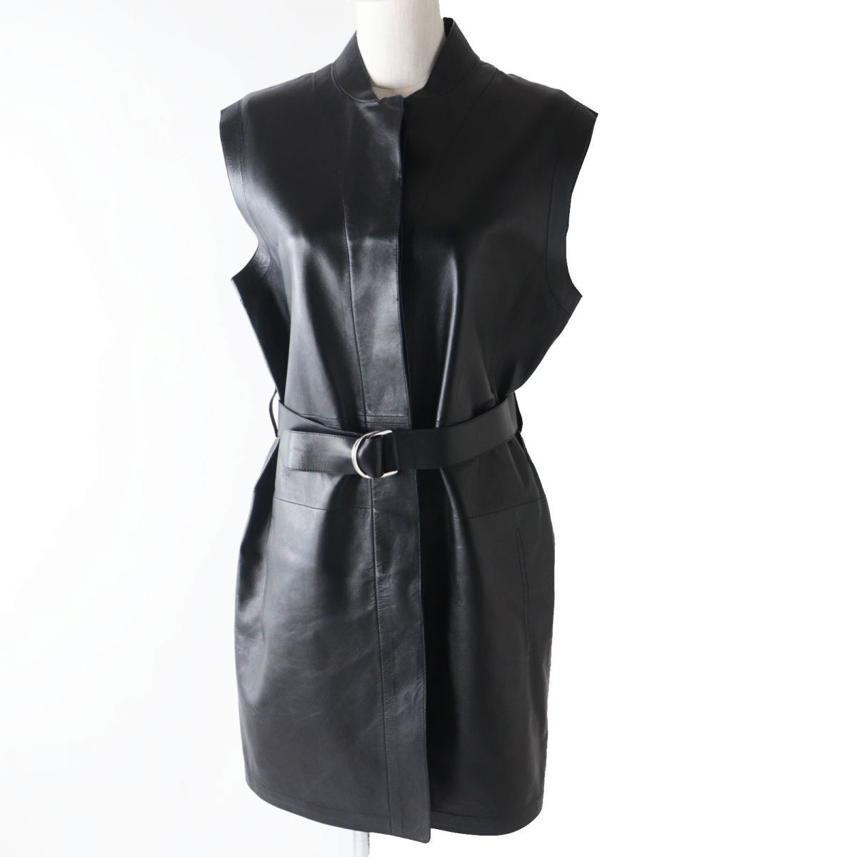 ドンドン見直し ◎ フランス製 HERMES エルメス 2020年 レディース ベルト付き セリエボタン ラムレザー ロングベスト ブラック 黒 36