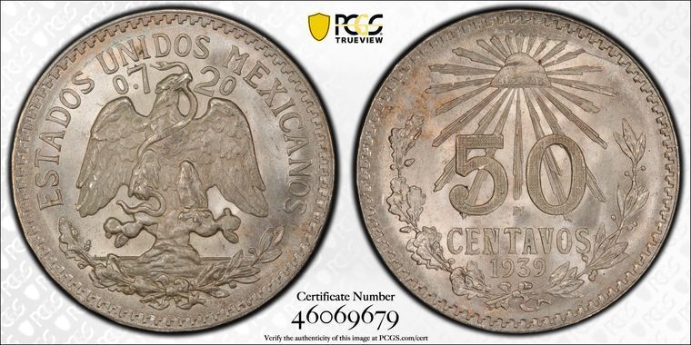 1939 M PCGS MS66 | MEXICO - 50 Centavos 50C Coin