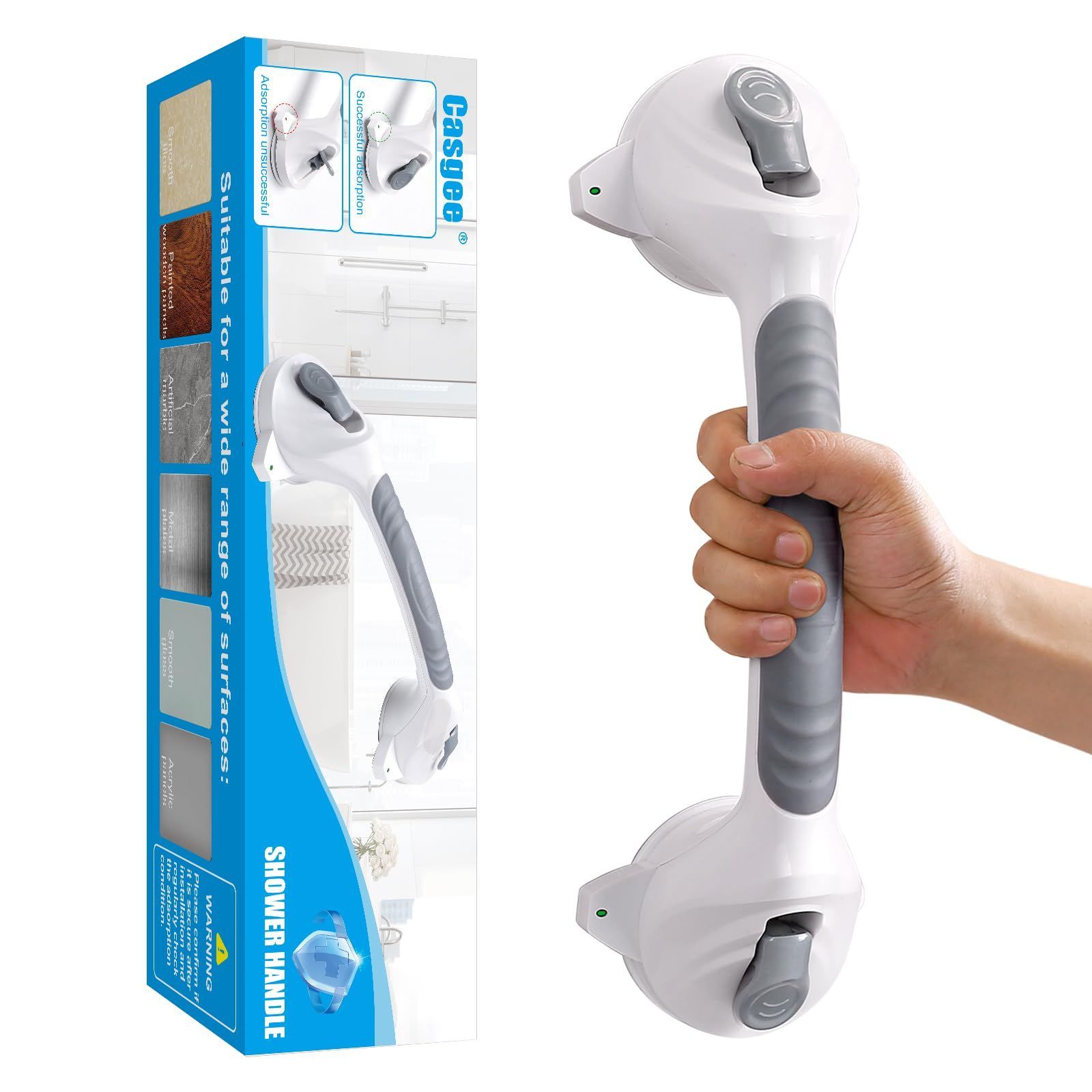 浴室 取っ手 トイレ ドアノブ 高齢者用手すり 安全ハンドル 入浴介助 吸盤シャワー手すり 高齢者 手すり 子供 風呂 転倒予防 強力吸盤 穴あけ不要 浴槽手すり 取り付け簡単 38cm 取り外し可能な手すり安全インジケーター付き Casgee グレー