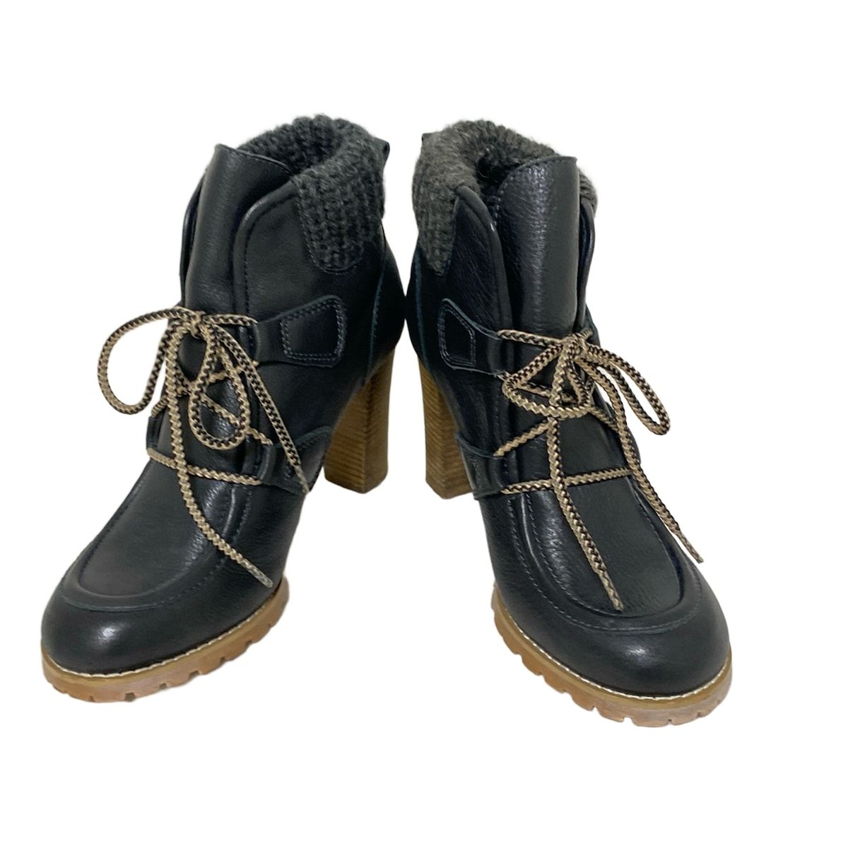 SEE BY CHLOE シーバイクロエ ショートブーツ 38 レディース - 黒×ダークブラウン×マルチ レースアップ ウール レザー