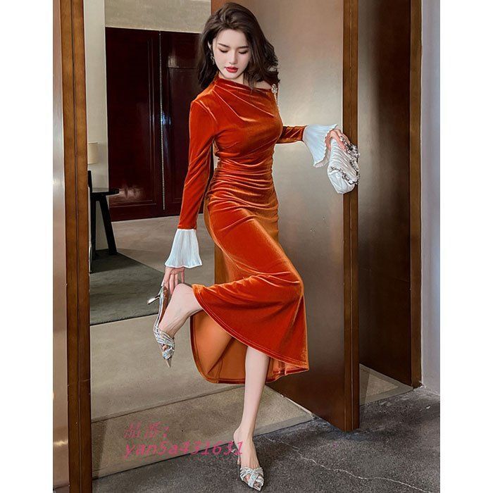 長袖フリル裾 ロングタイトベロアドレスワンピース 茶 キャバ スナック パーティー ドレス 韓国 レディース yan5a431631