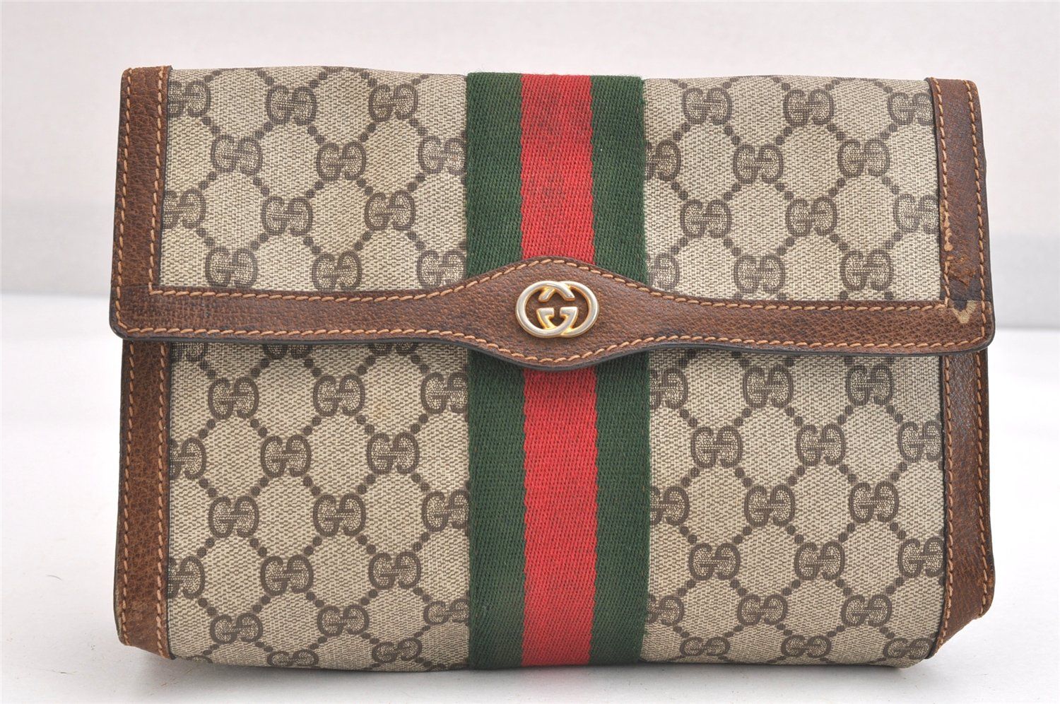 GUCCI グッチ ウェブ シェリーライン クラッチハンドバッグ 財布 GGピーブイシー レザー ブラウン 2434N