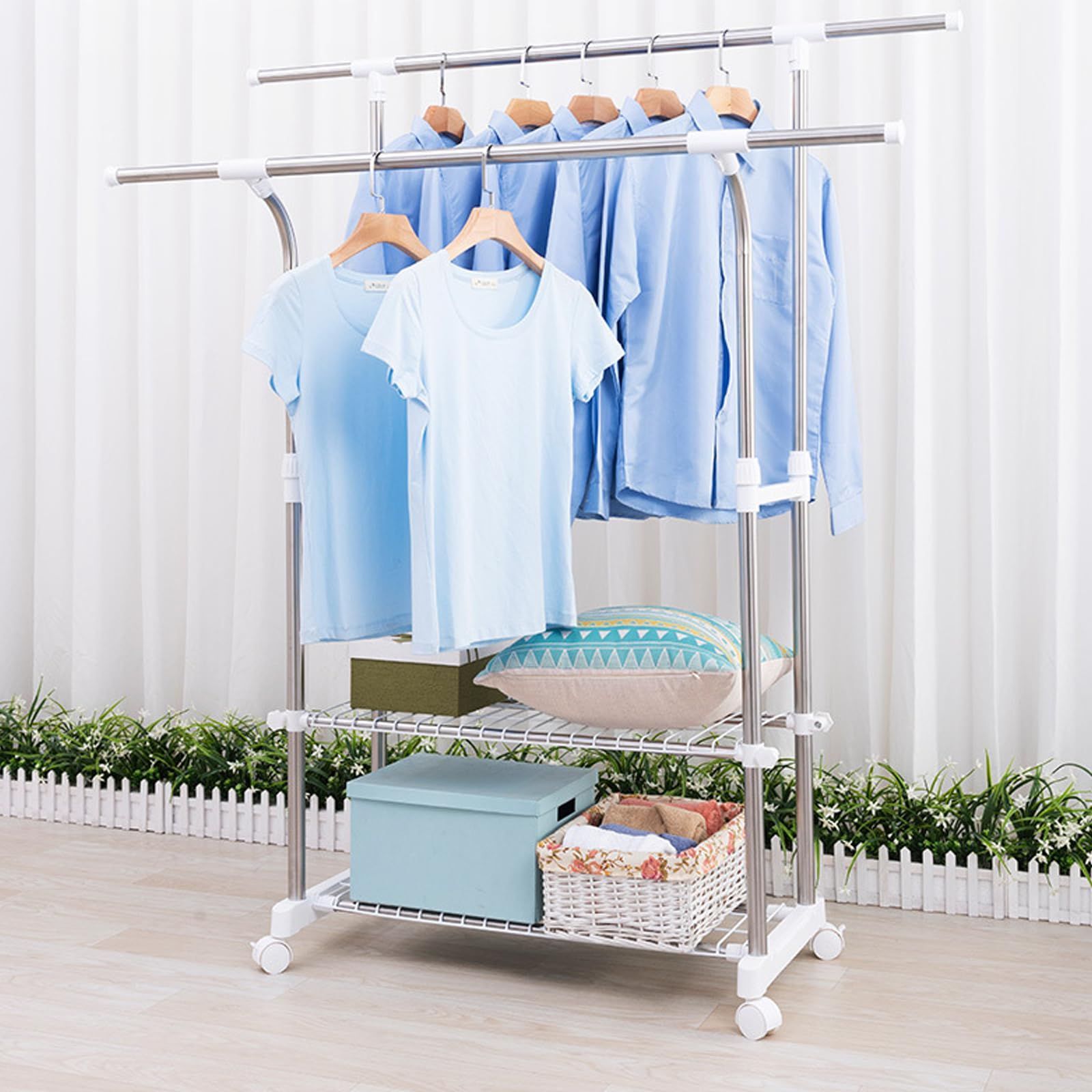 数量 幅90-155×奥行43×高さ90-160cm 高さ調節 大容量 縦横伸縮 2層グリッド収納付きダブルロッドハンガー 物干しスタンド 頑丈 キャスター付き ステンレス鋼パイプハンガー ハンガーラック 洋服ラック 衣類収納 NEXPOTALLINN_EU