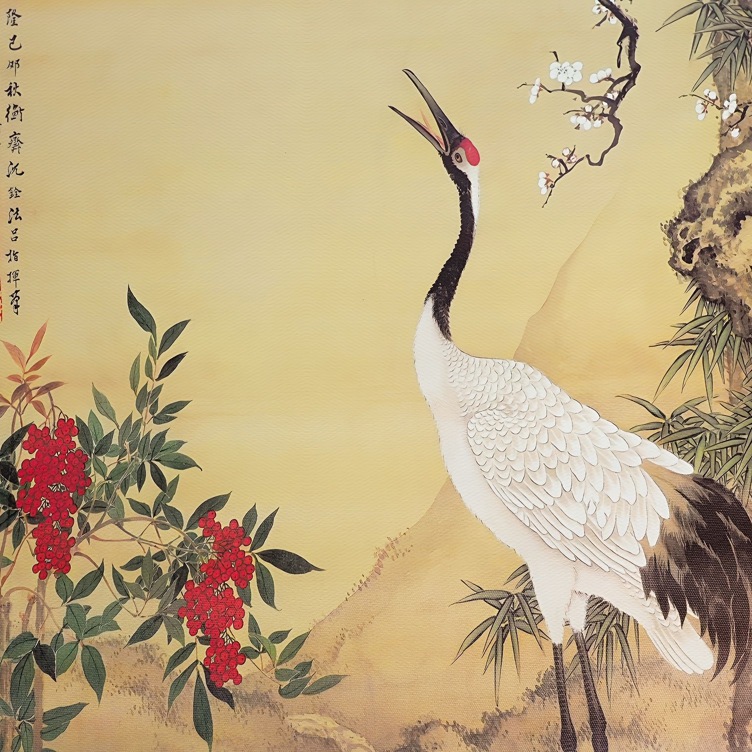 2個の伝統的な中国壁画の巻物、鶴と花のデザイン付き - 木製フレーム 