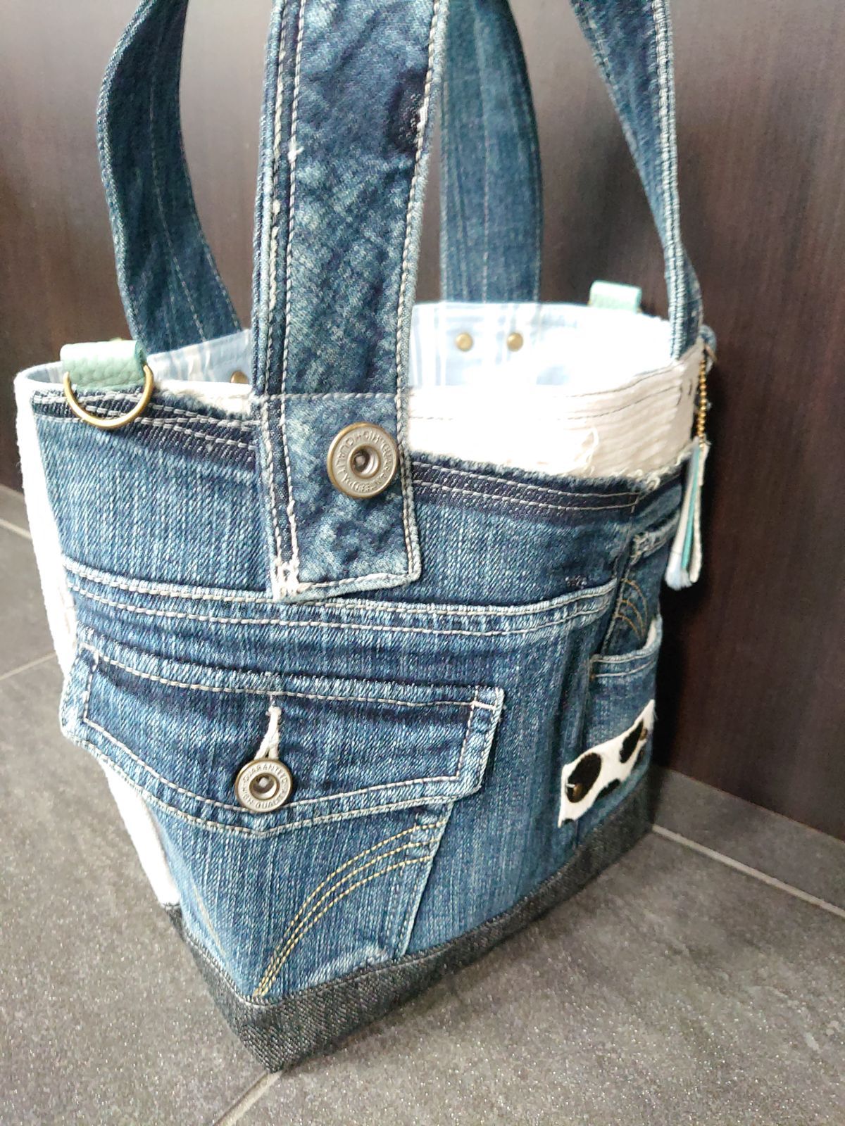 No181【DENIM️whiteコーデュロイBAG️】デニムリメイクトート